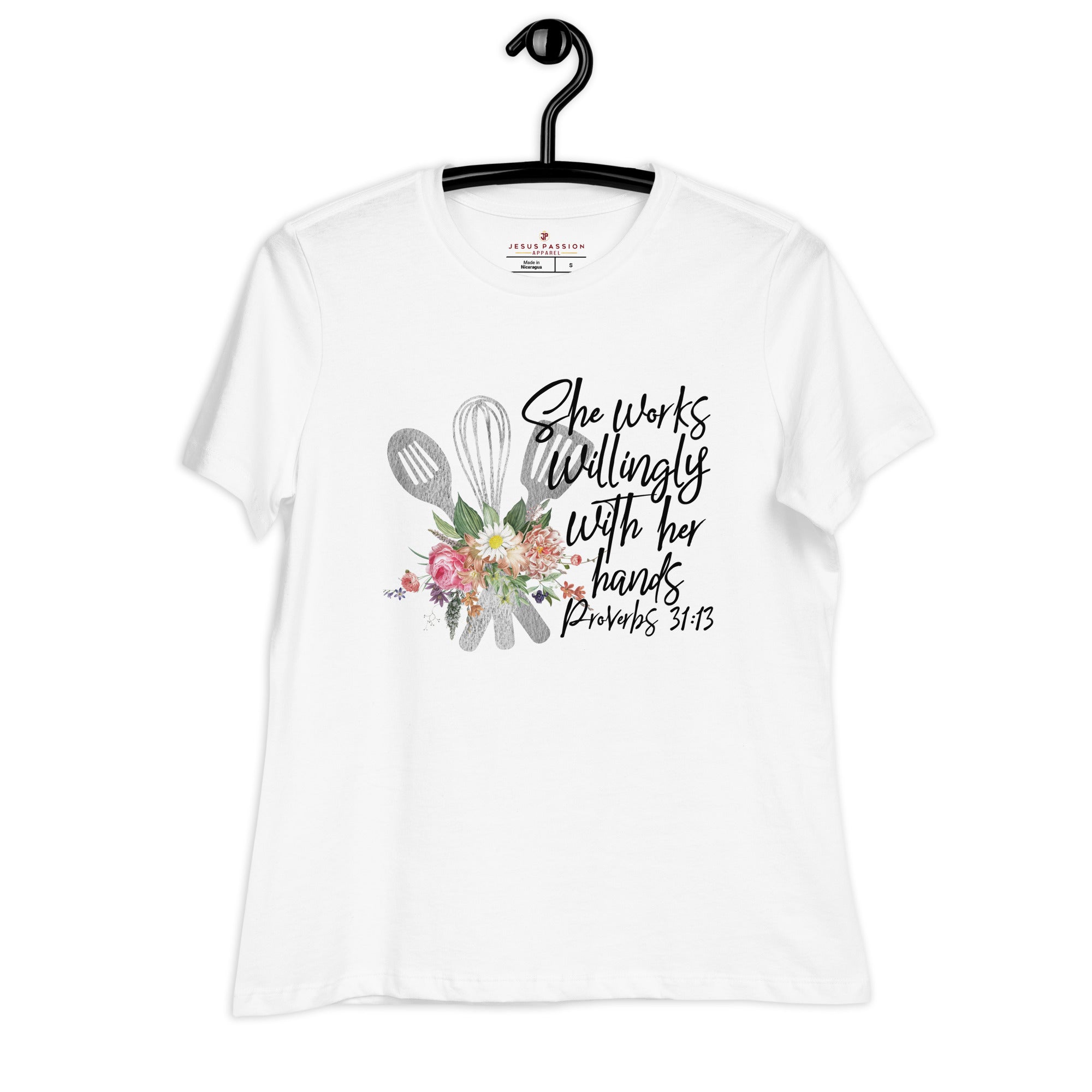 chef she works willingly womens-relaxed-t-shirt-white hanging Jesus Passion Apparel
