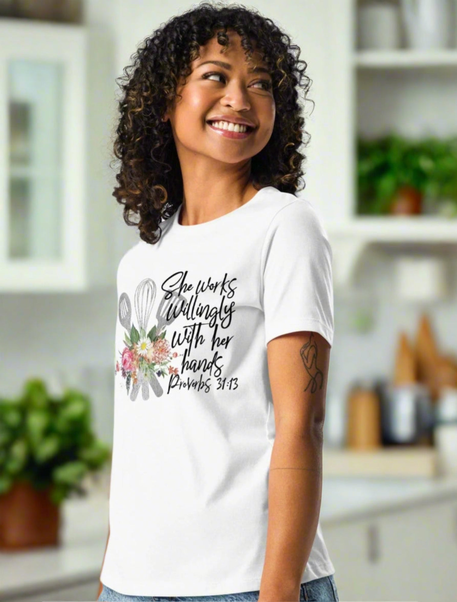 chef she works willingly womens-relaxed-t-shirt-white side Jesus Passion Apparel