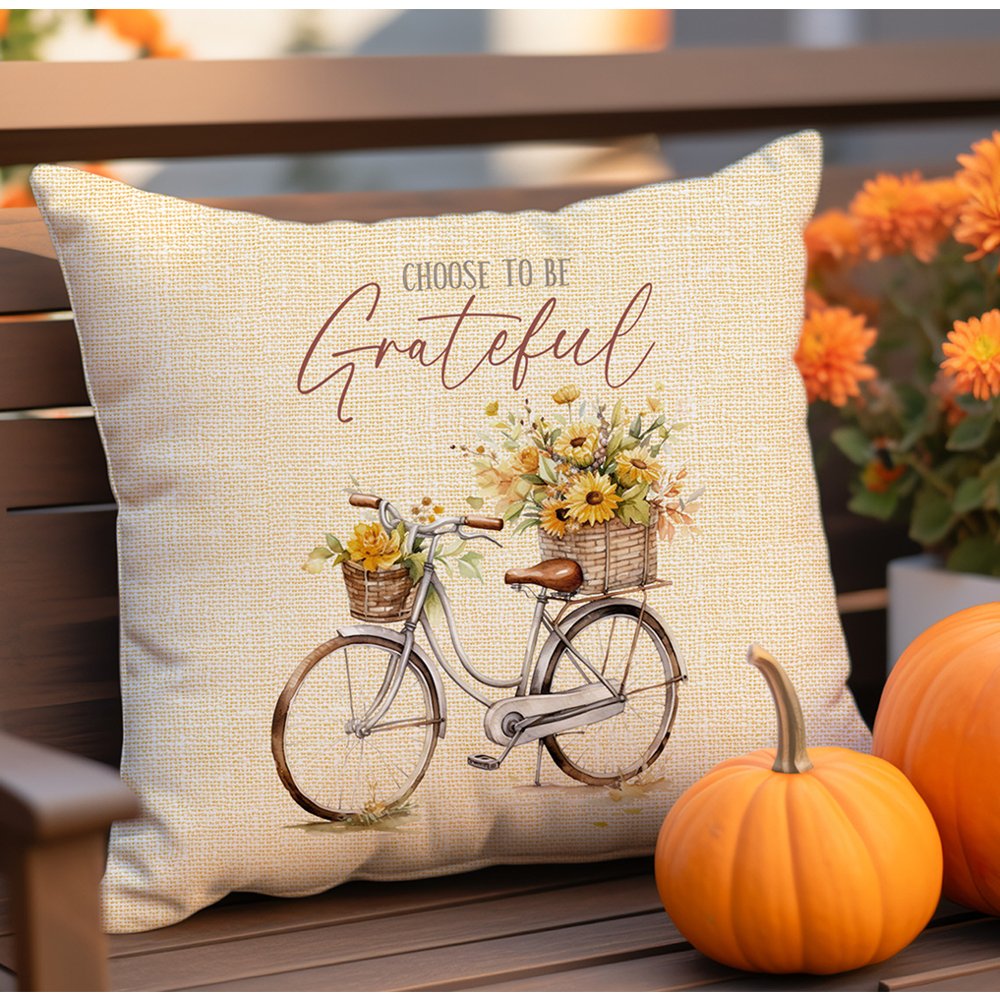 Choose To Be Grateful Bicycle and Flower Baskets on a Butter Linen Background Spun Polyester Square Pillow - Jesus Passion Apparel