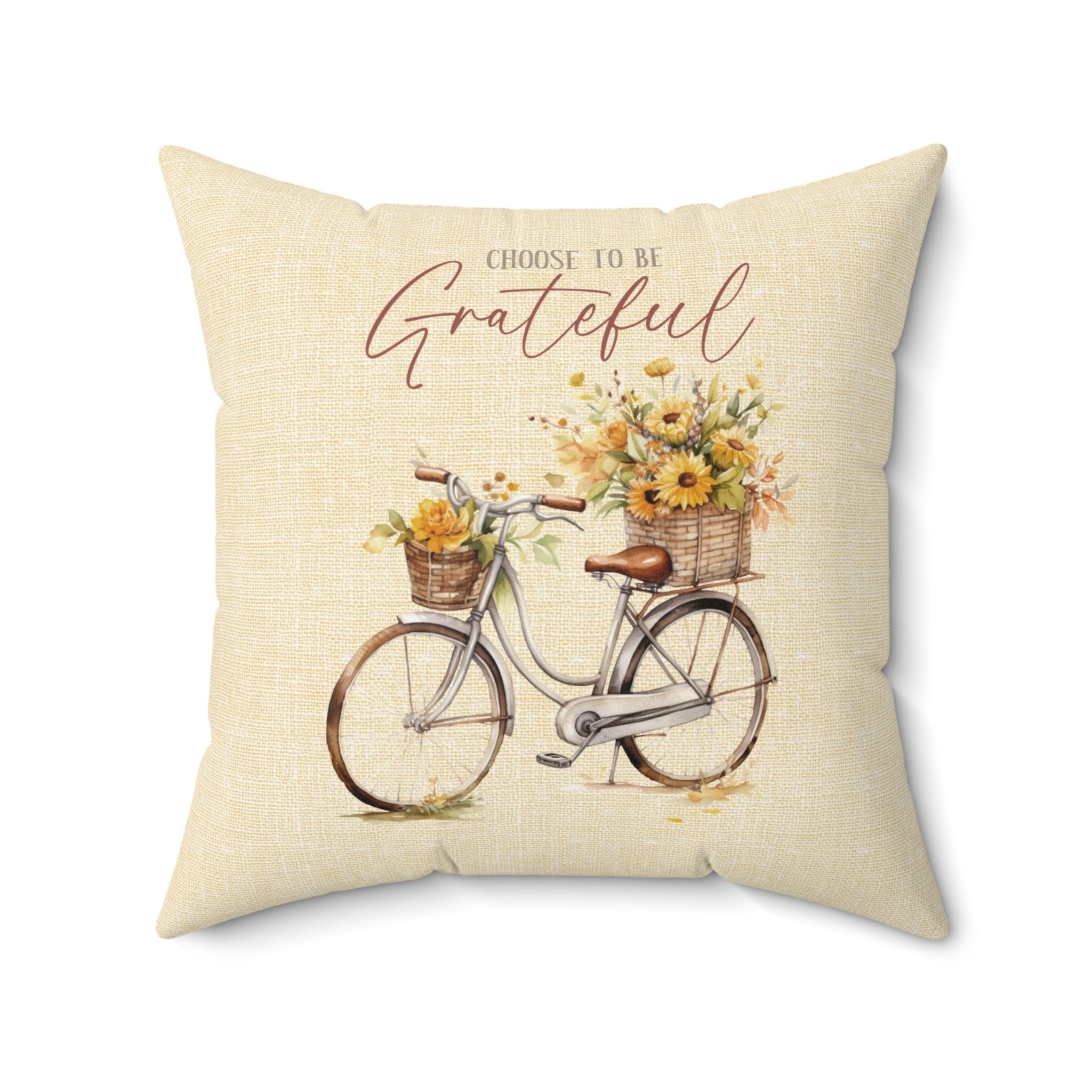Choose To Be Grateful Bicycle and Flower Baskets on a Butter Linen Background Spun Polyester Square Pillow - Jesus Passion Apparel