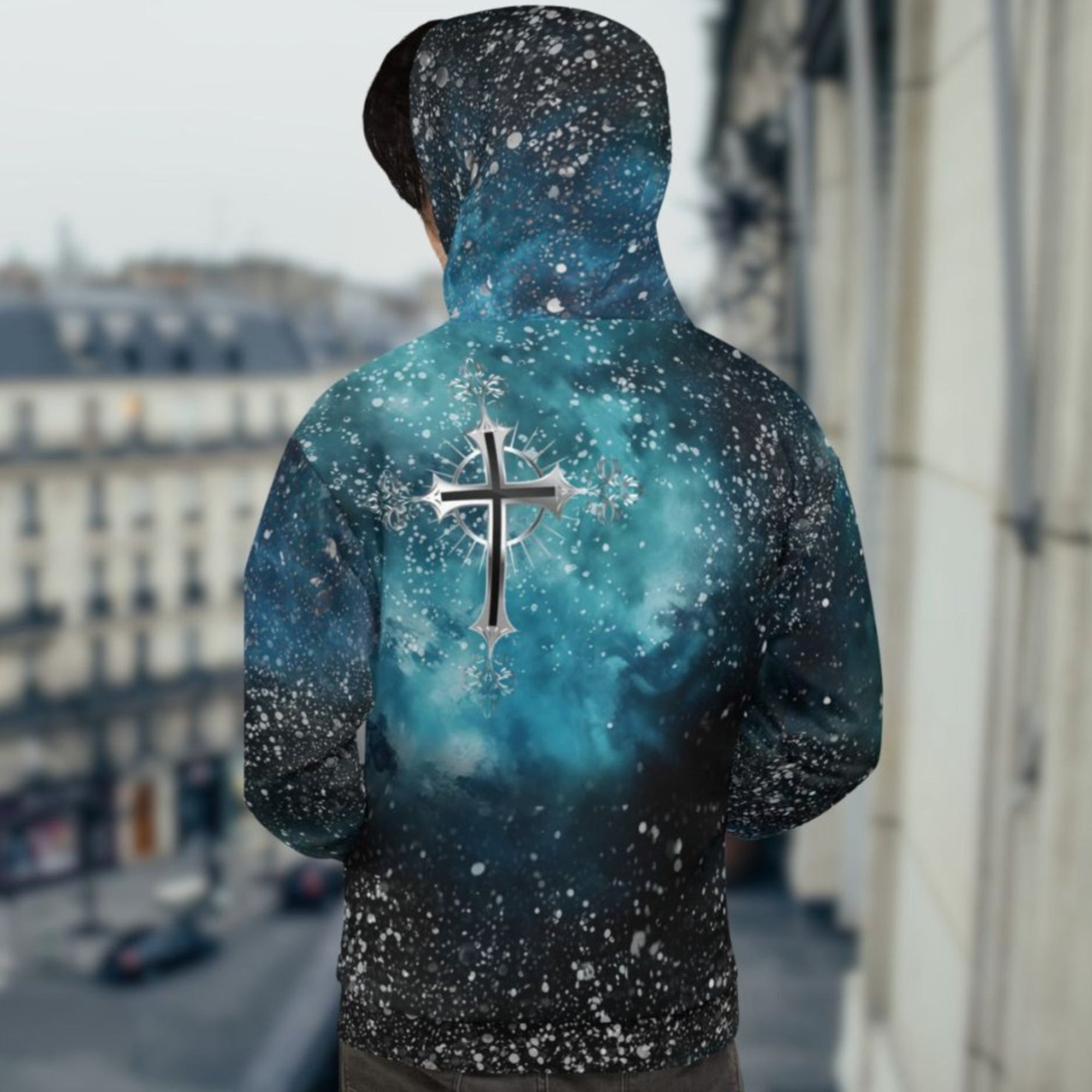 Cosmic Cross Turquois Fleece Unisex Hoodie - Jesus Passion Apparel