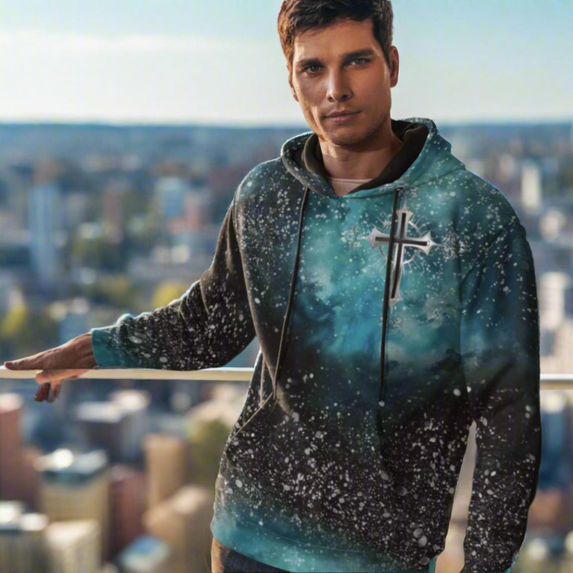 Cosmic Cross Turquois Fleece Unisex Hoodie - Jesus Passion Apparel