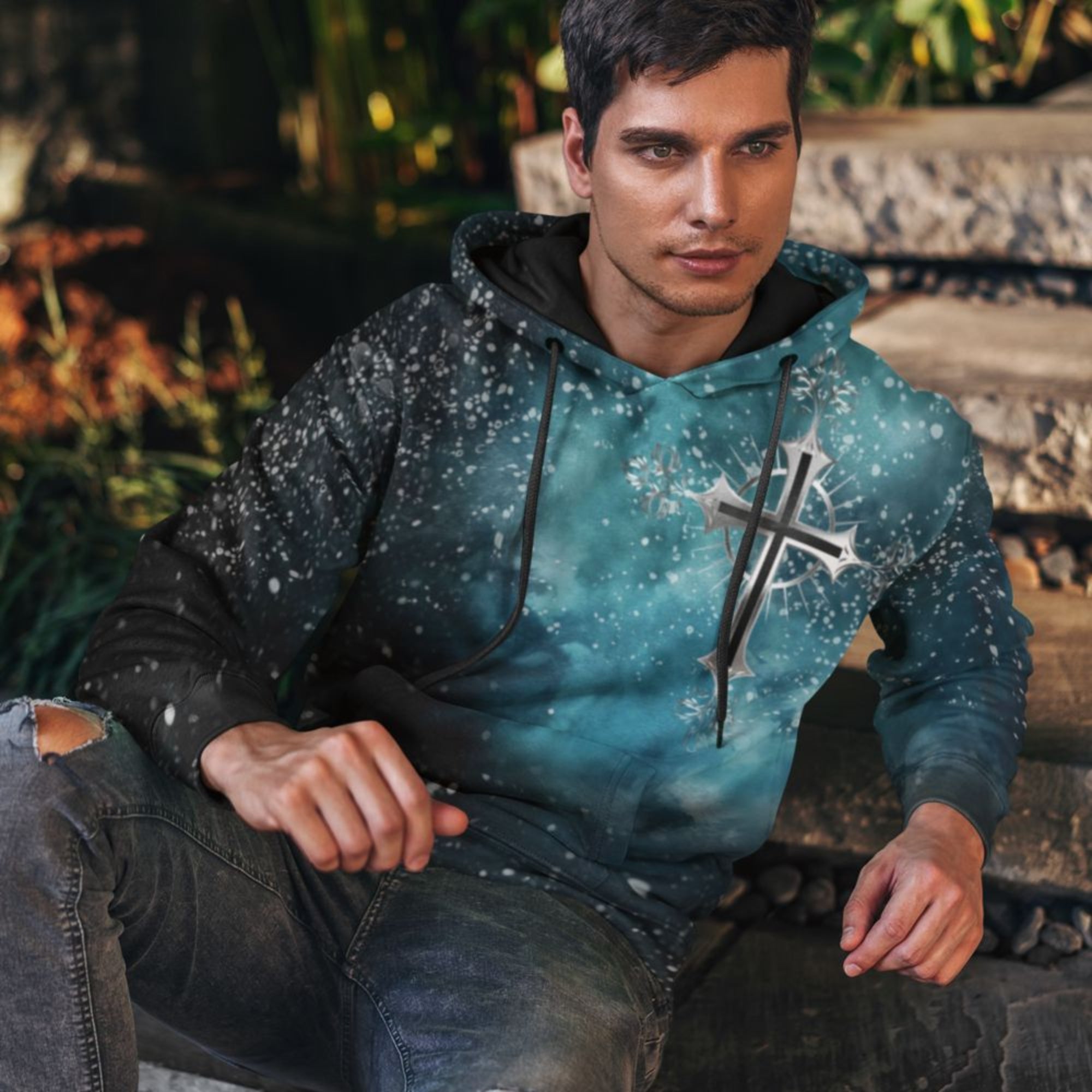 Cosmic Cross Turquois Fleece Unisex Hoodie - Jesus Passion Apparel