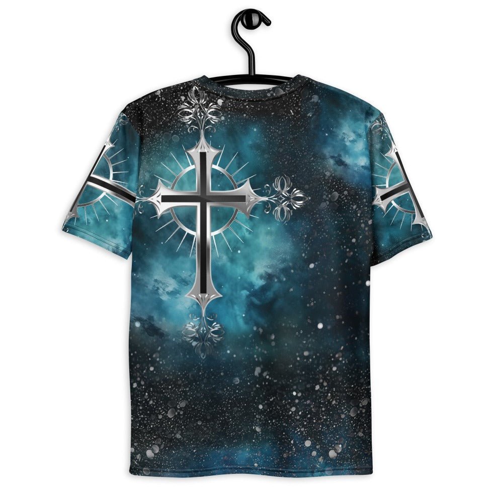 Cosmic Cross Turquois Men's Handmade Crewneck T-shirt - Jesus Passion Apparel