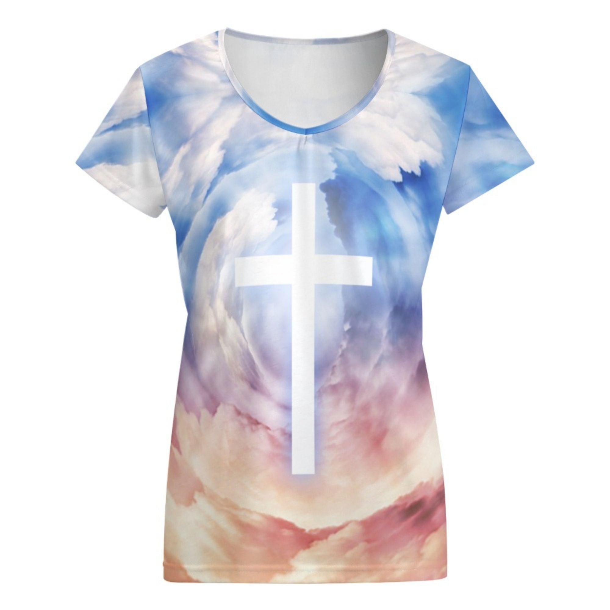 Cross in the Clouds Women's Loose Short Sleeve V - Neck Blouse - Blue - Jesus Passion Apparel