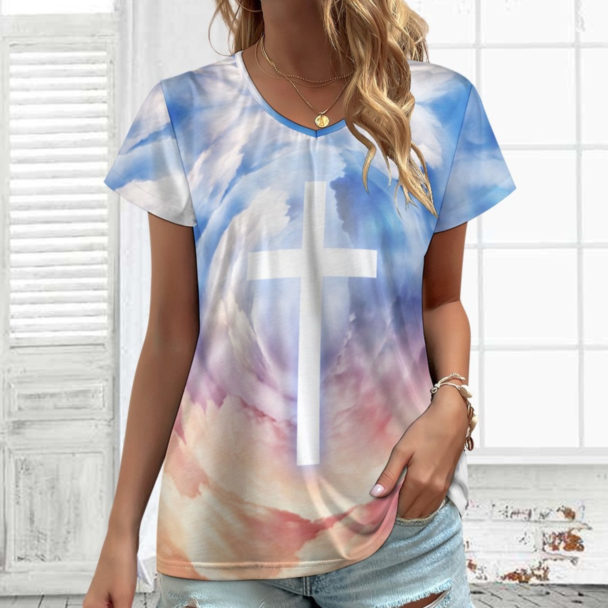 Cross in the Clouds Women's Loose Short Sleeve V - Neck Blouse - Blue - Jesus Passion Apparel
