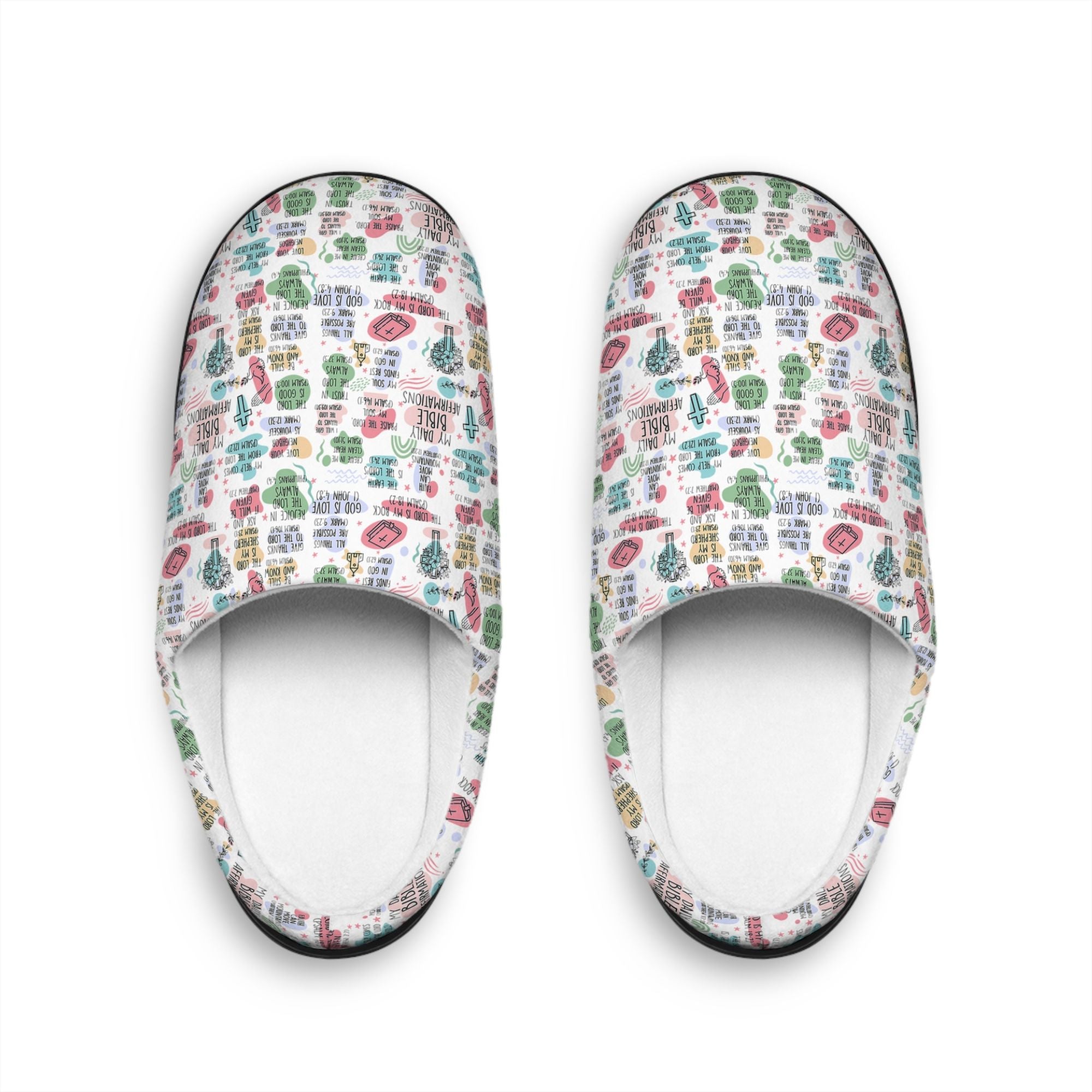 Daily Bible Affirmations Women's White Indoor Slippers - Matching Lounge / Pajama Pants and Shirt Available - Jesus Passion Apparel