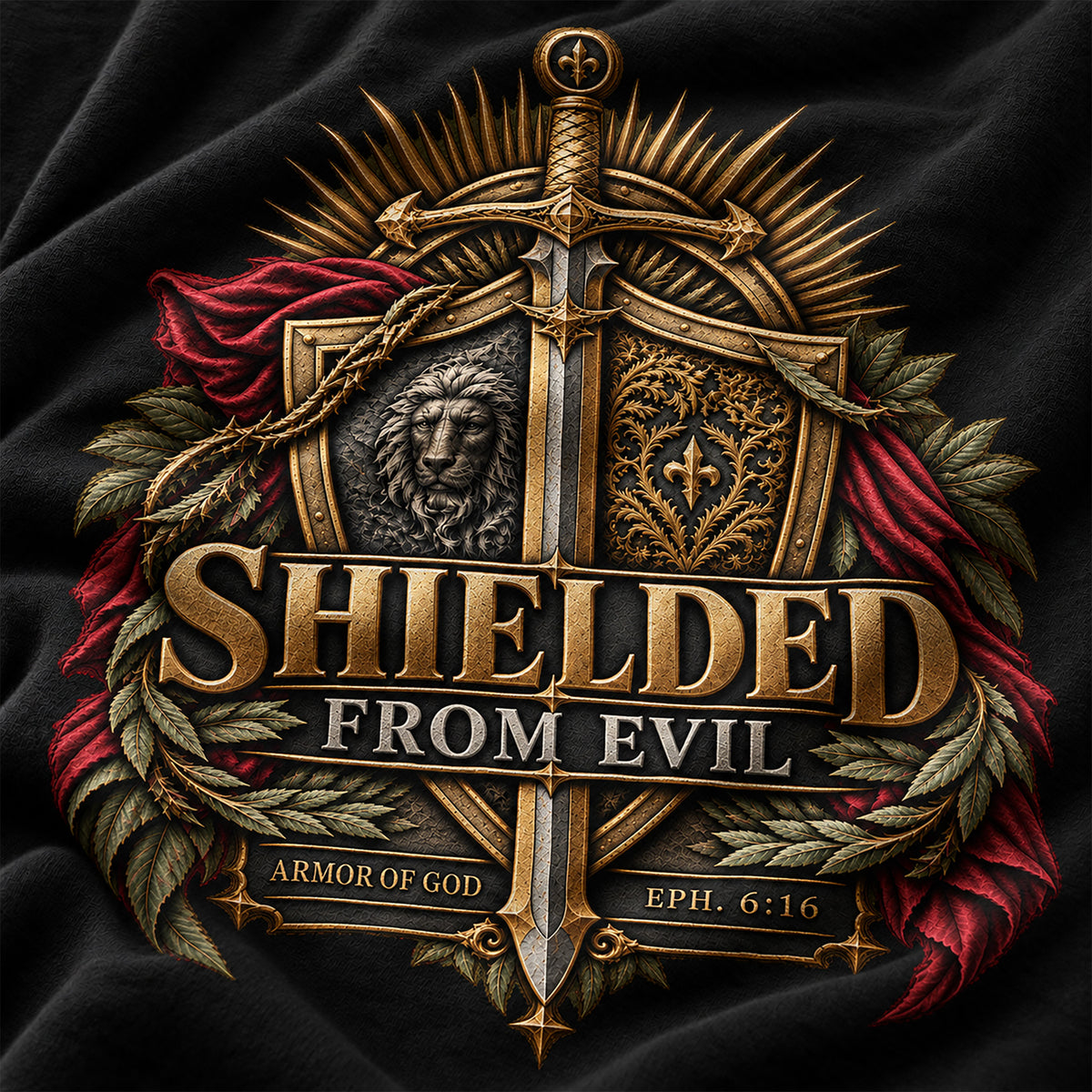 A decorative emblem on black fabric featuring a gold sword, shield, lion head, laurel leaves, red draped cloth, and the text 'SHIELDED FROM EVIL' with 'ARMOR OF GOD' and 'EPH. 6:16'.