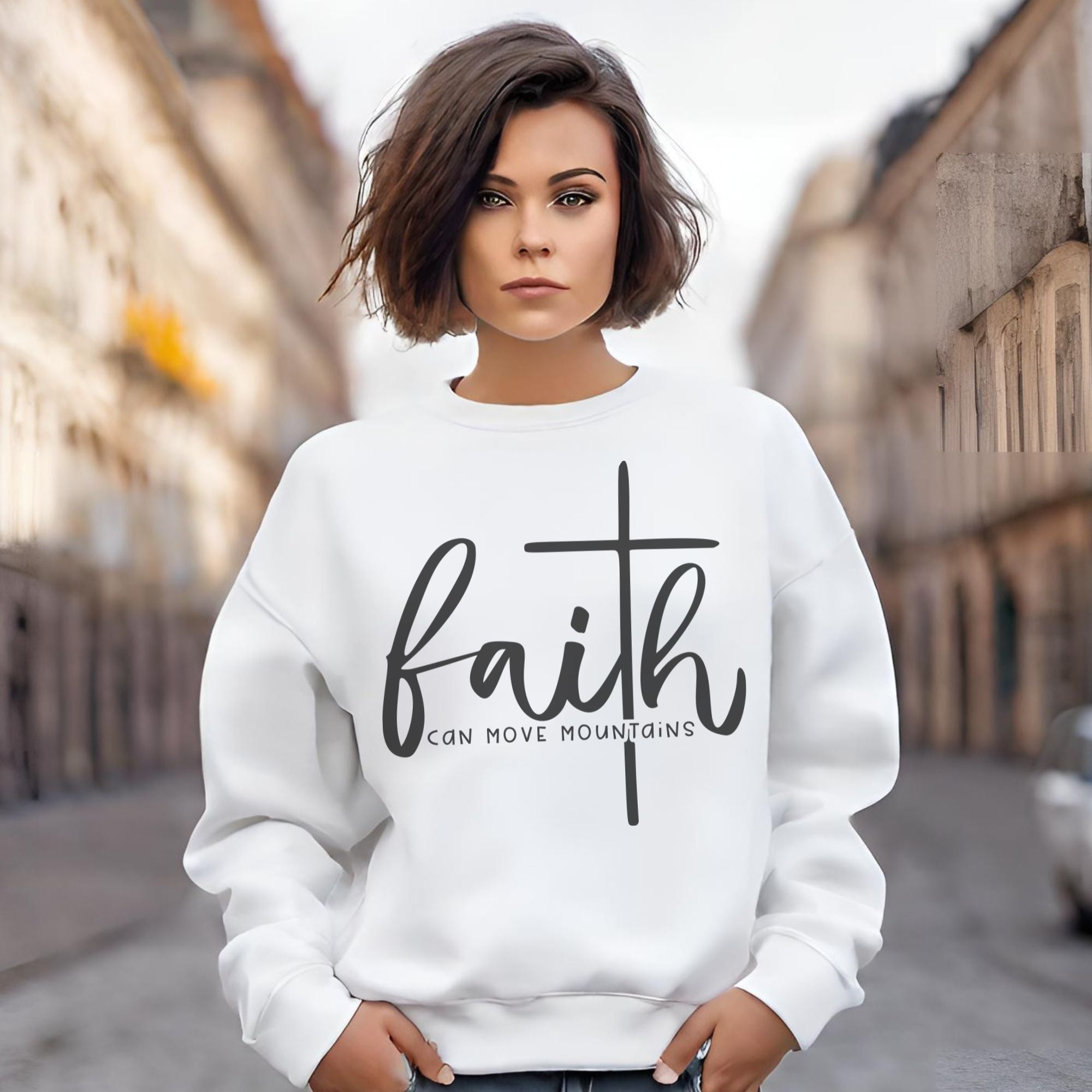 Faith Can Move Mountains Women's Fleece Unisex - Fit Sweatshirt Sport Grey / White - Jesus Passion Apparel