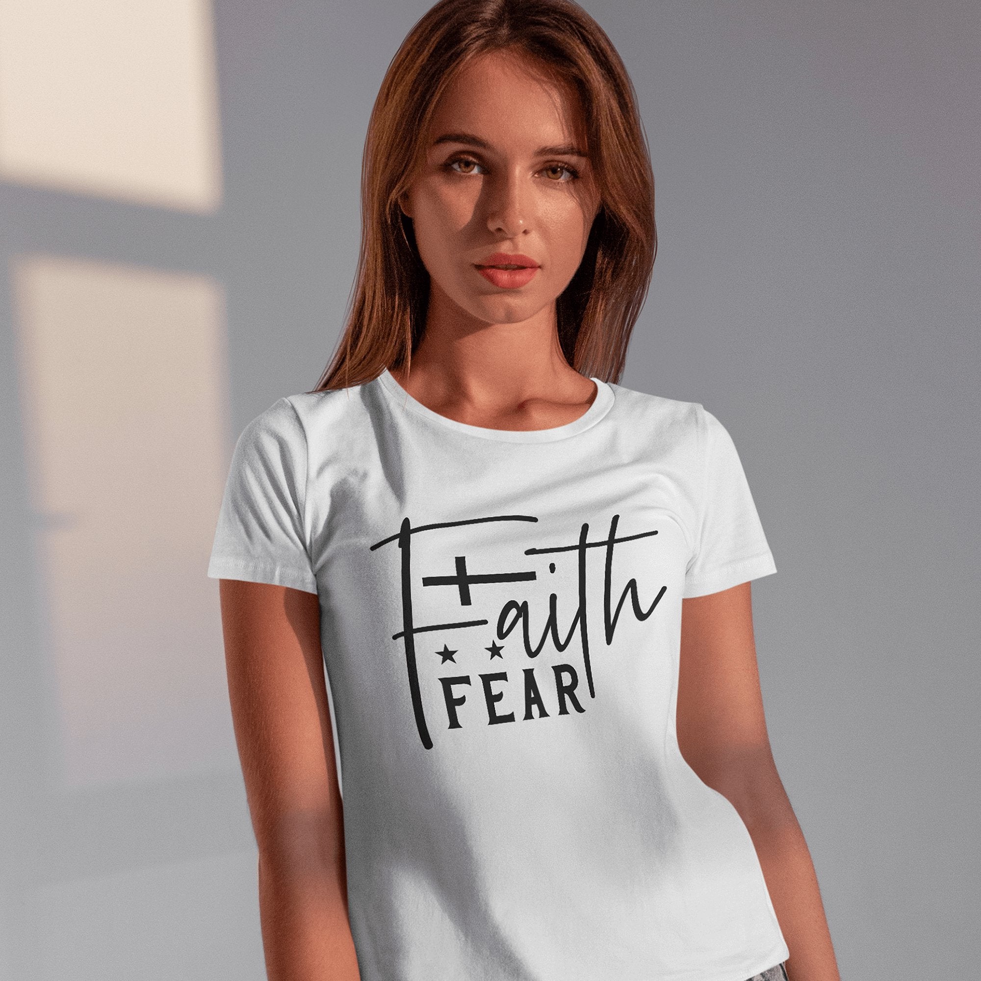 Faith Fear Cross and Stars Women's Short Sleeve Tee - Jesus Passion Apparel