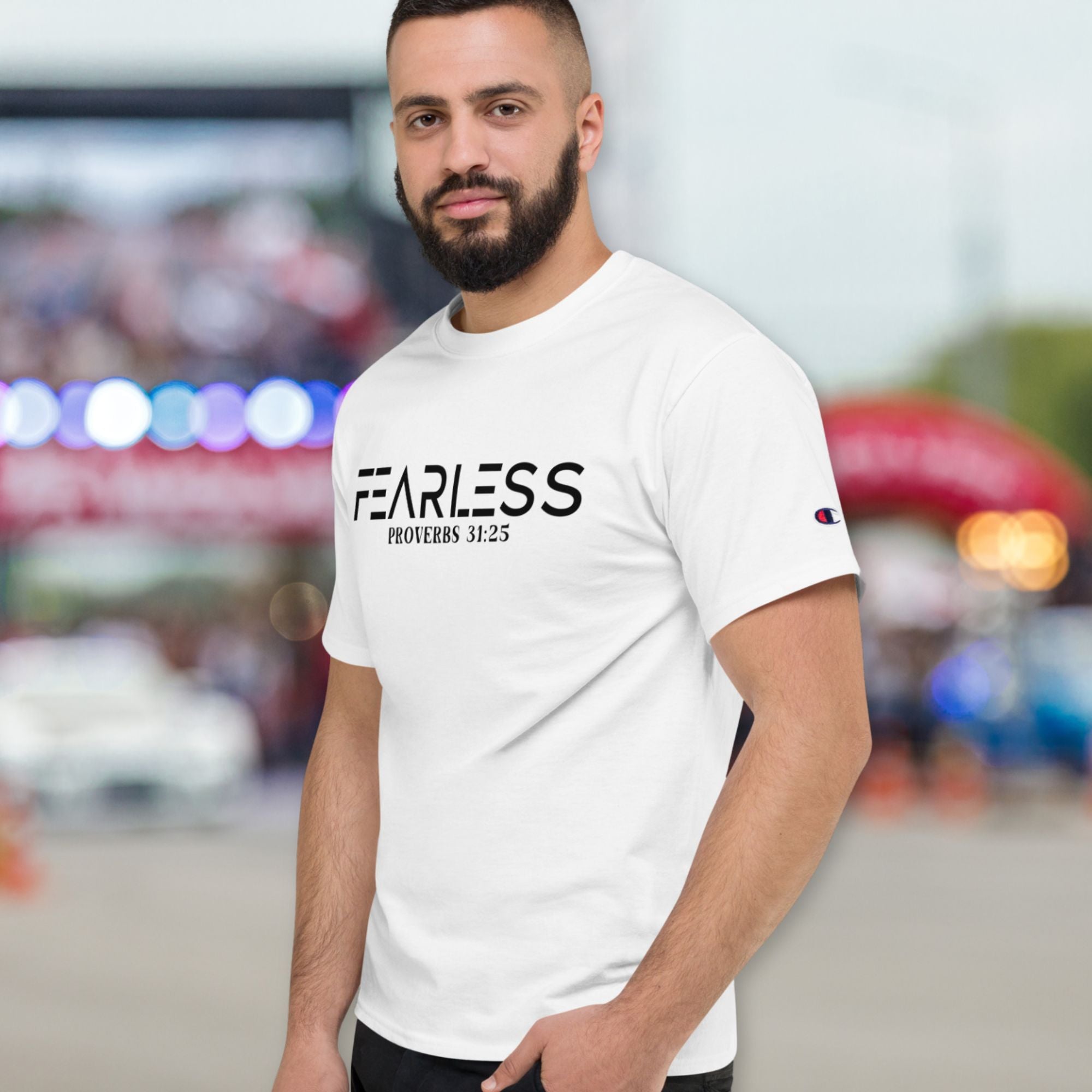 Fearless Proverbs 31:25 Men's Champion T-Shirt - Jesus Passion Apparel
