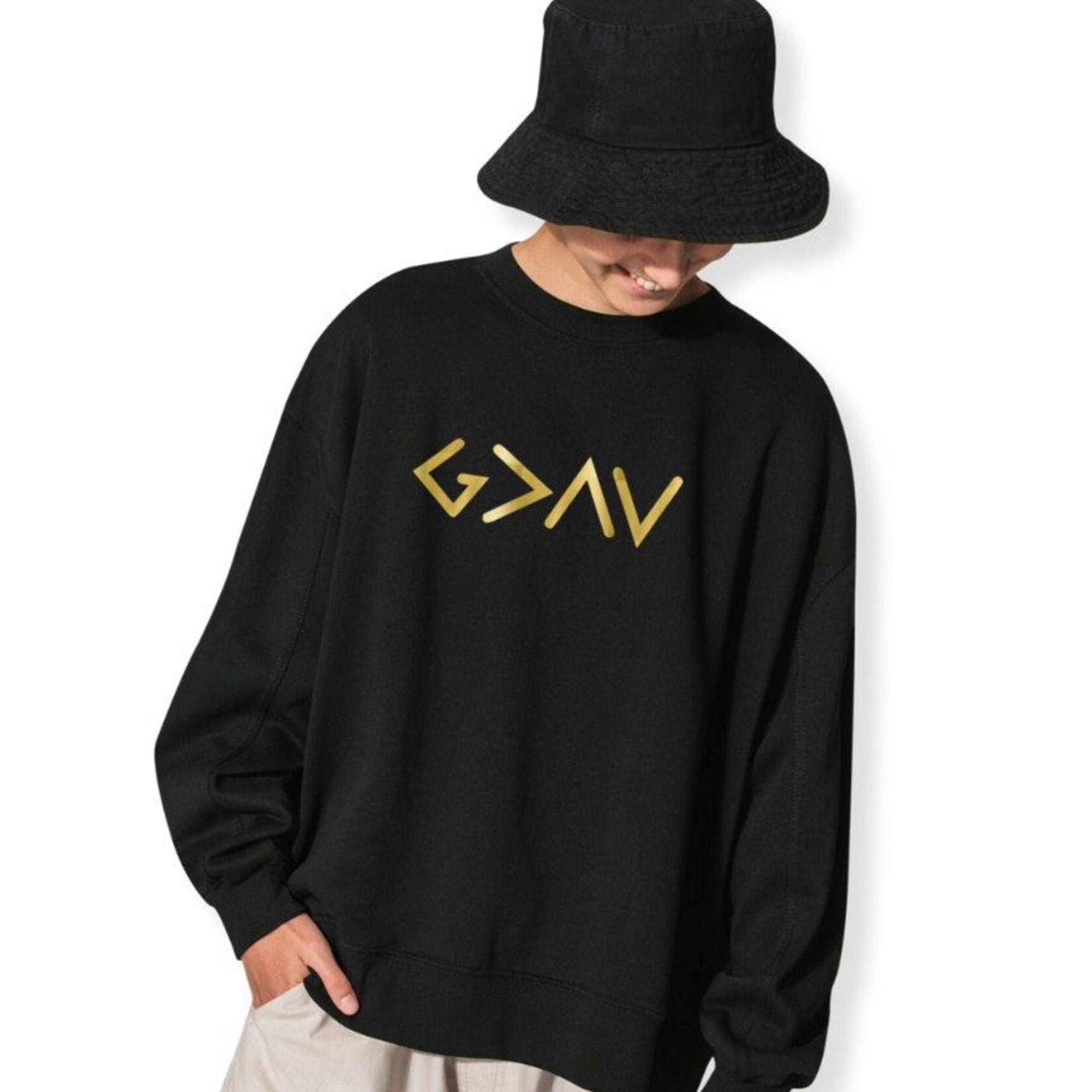 God is Greater Gold Lettering Men's Fleece Unisex - Fit - Black - Jesus Passion Apparel