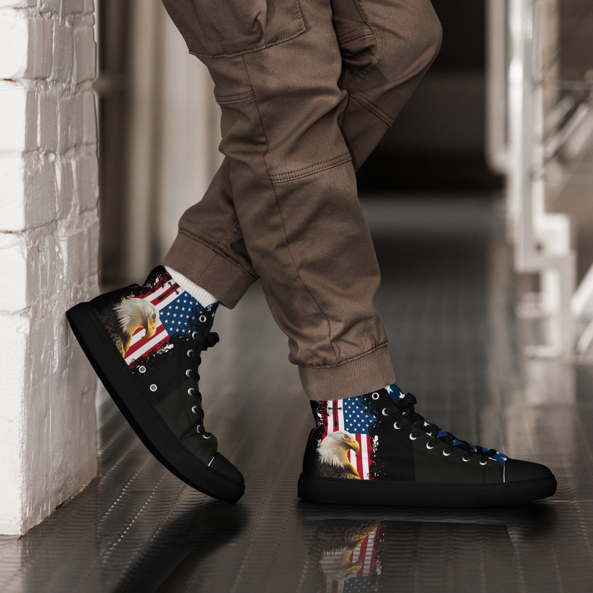 God We Trust Patriotic Eagle Men’s High Top Canvas Shoes - Jesus Passion Apparel