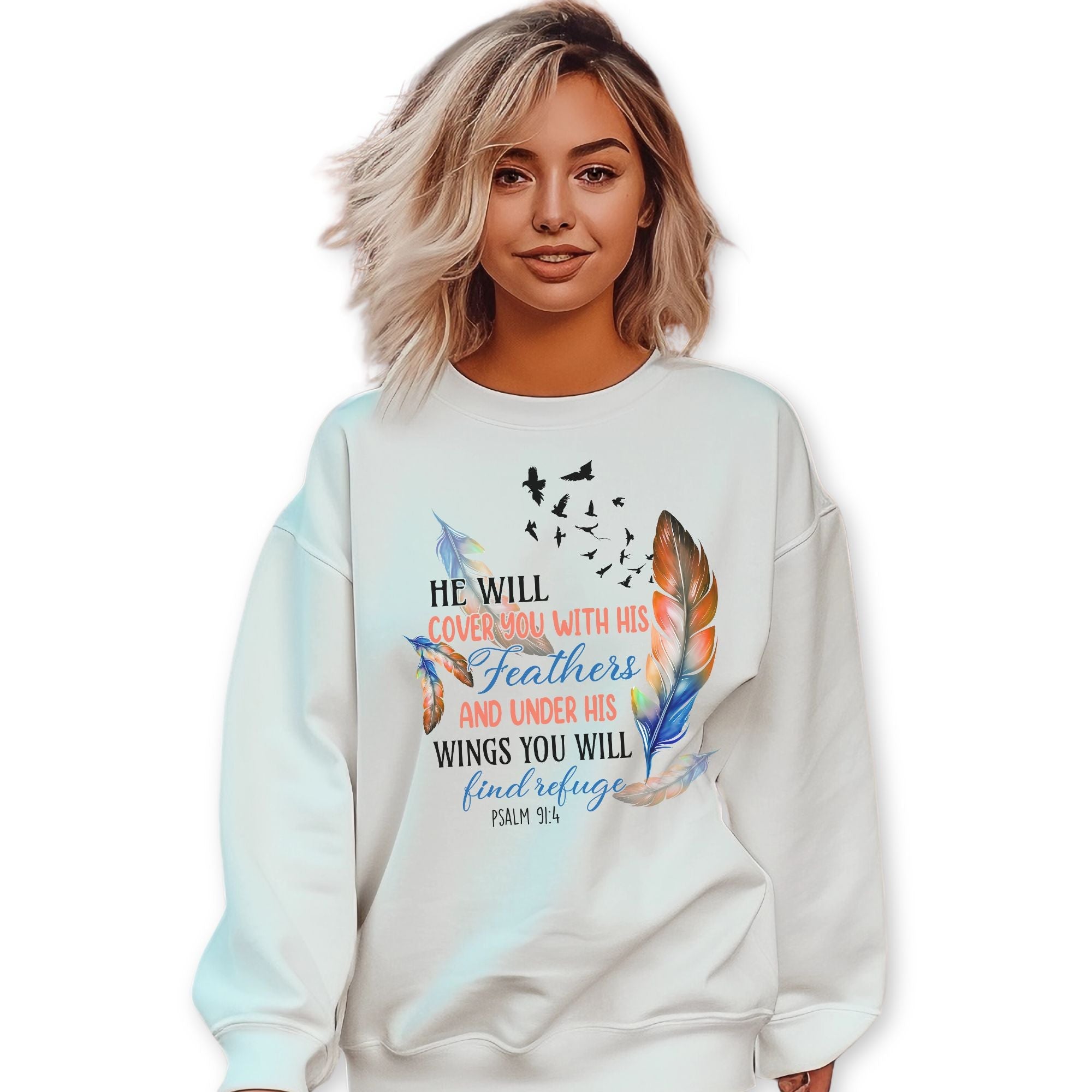 He Will Cover you with Feathers Women's Fleece Unisex - Fit Sweatshirt Light Blue / White - Jesus Passion Apparel