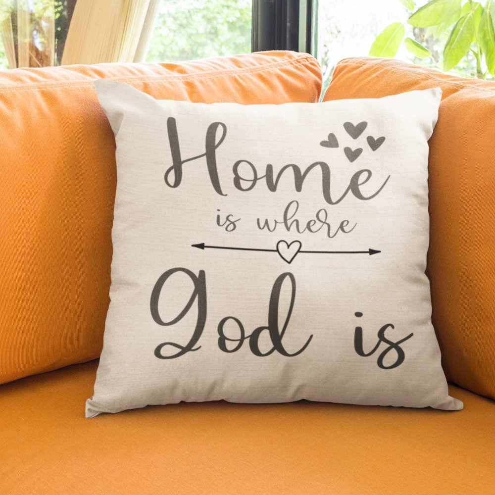 Home is Where God Is Script with Natural Linen Design Premium Pillows - Jesus Passion Apparel