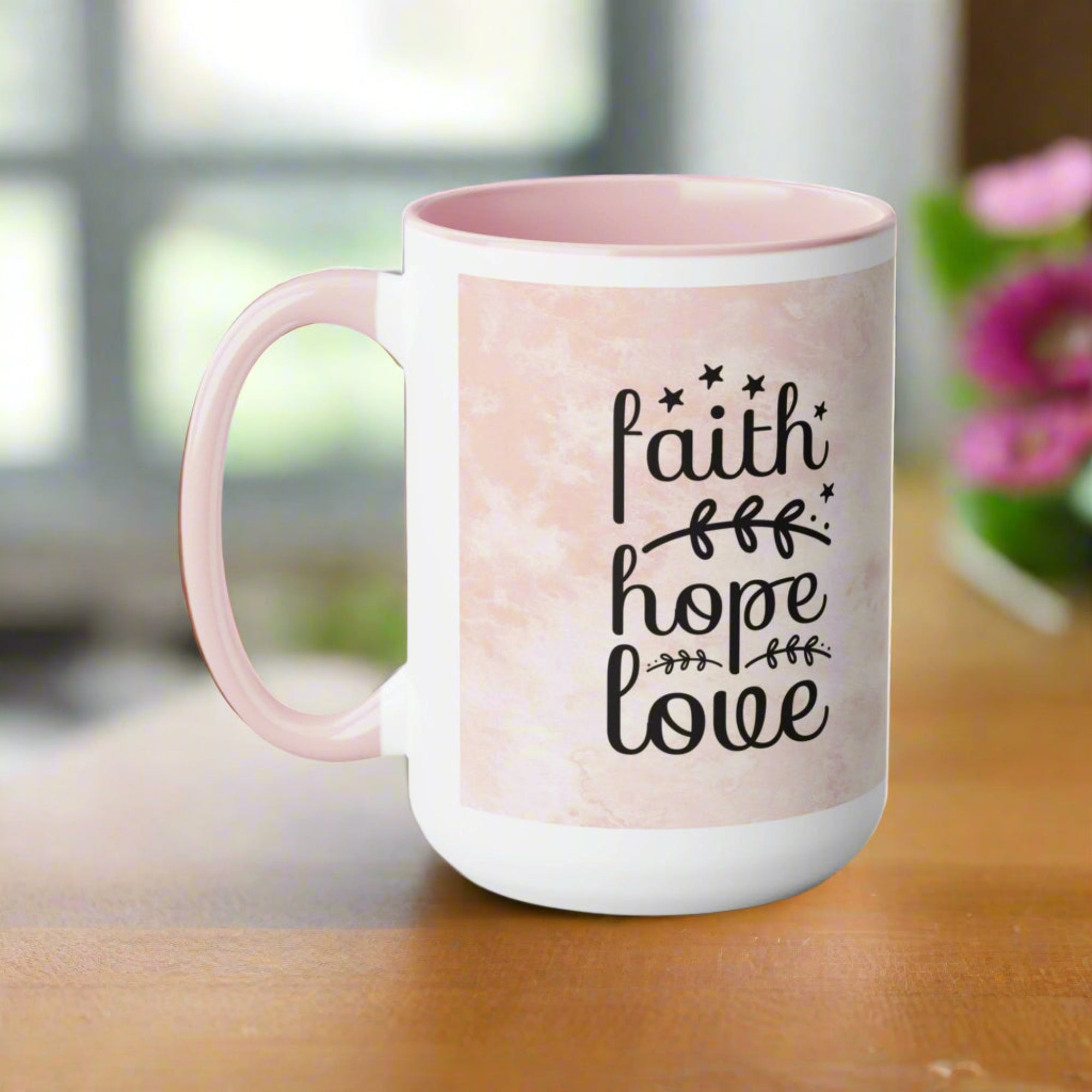 Jesus Faith Hope Love Pink and White Two - Tone Coffee Mug, 15oz - Jesus Passion Apparel