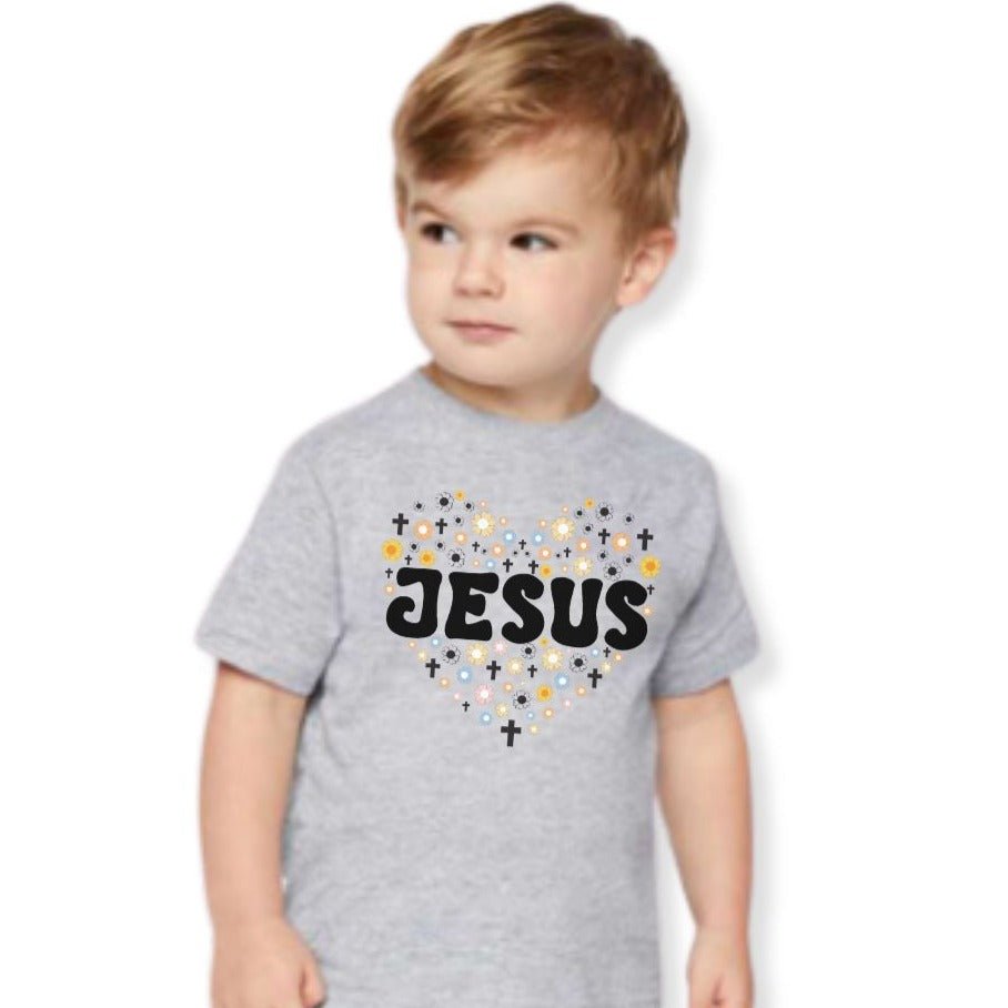 Jesus Heart Flowers and Crosses Toddler's Fine Jersey Tee - Jesus Passion Apparel