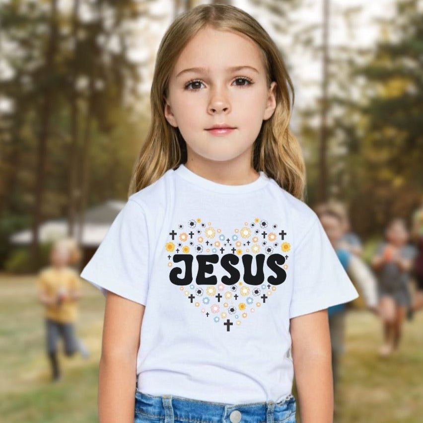 Jesus Heart Flowers and Crosses Toddler's Fine Jersey Tee - Jesus Passion Apparel