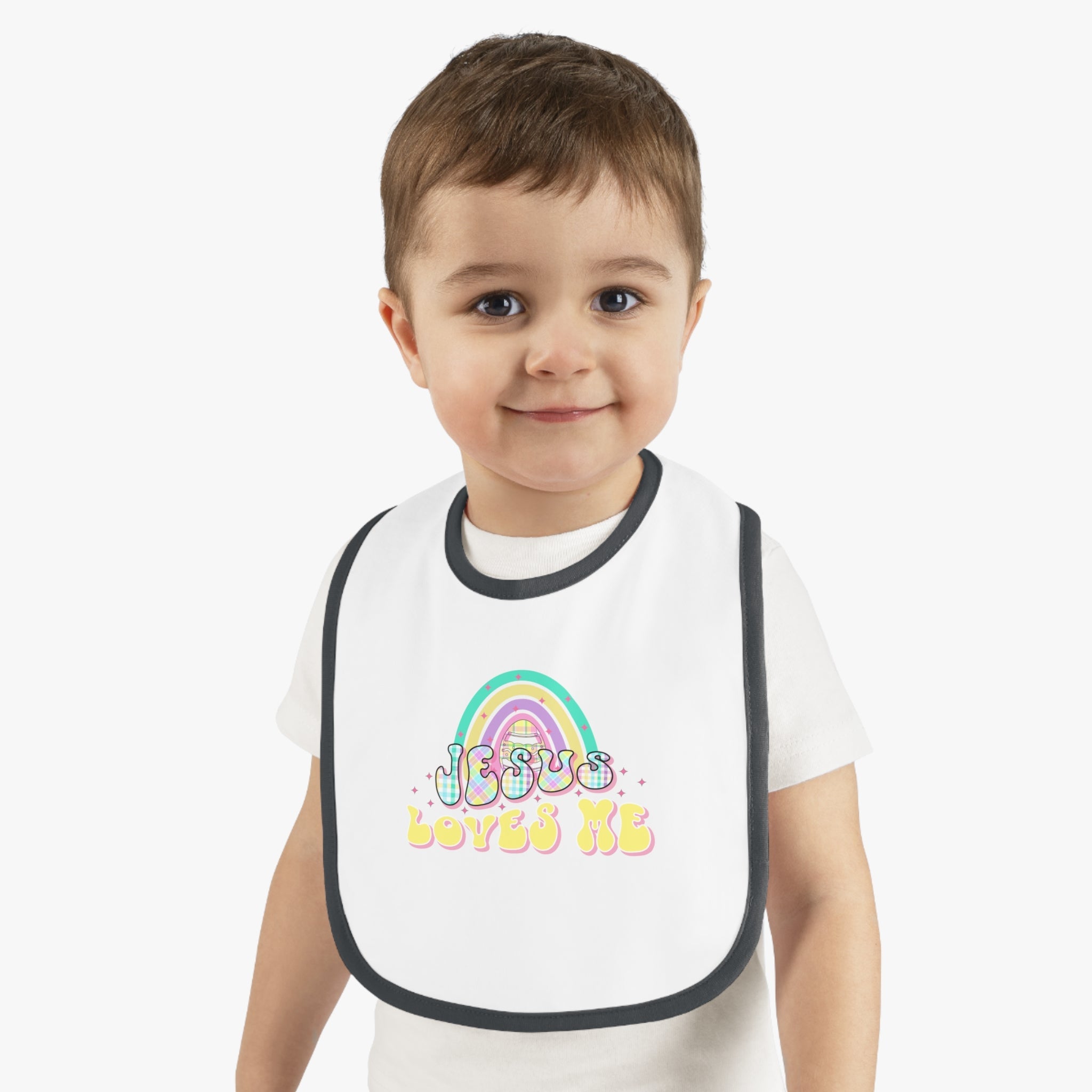 Jesus Loves Me Retro Pastel Plaid Baby Jersey Bib - Jesus Passion Apparel