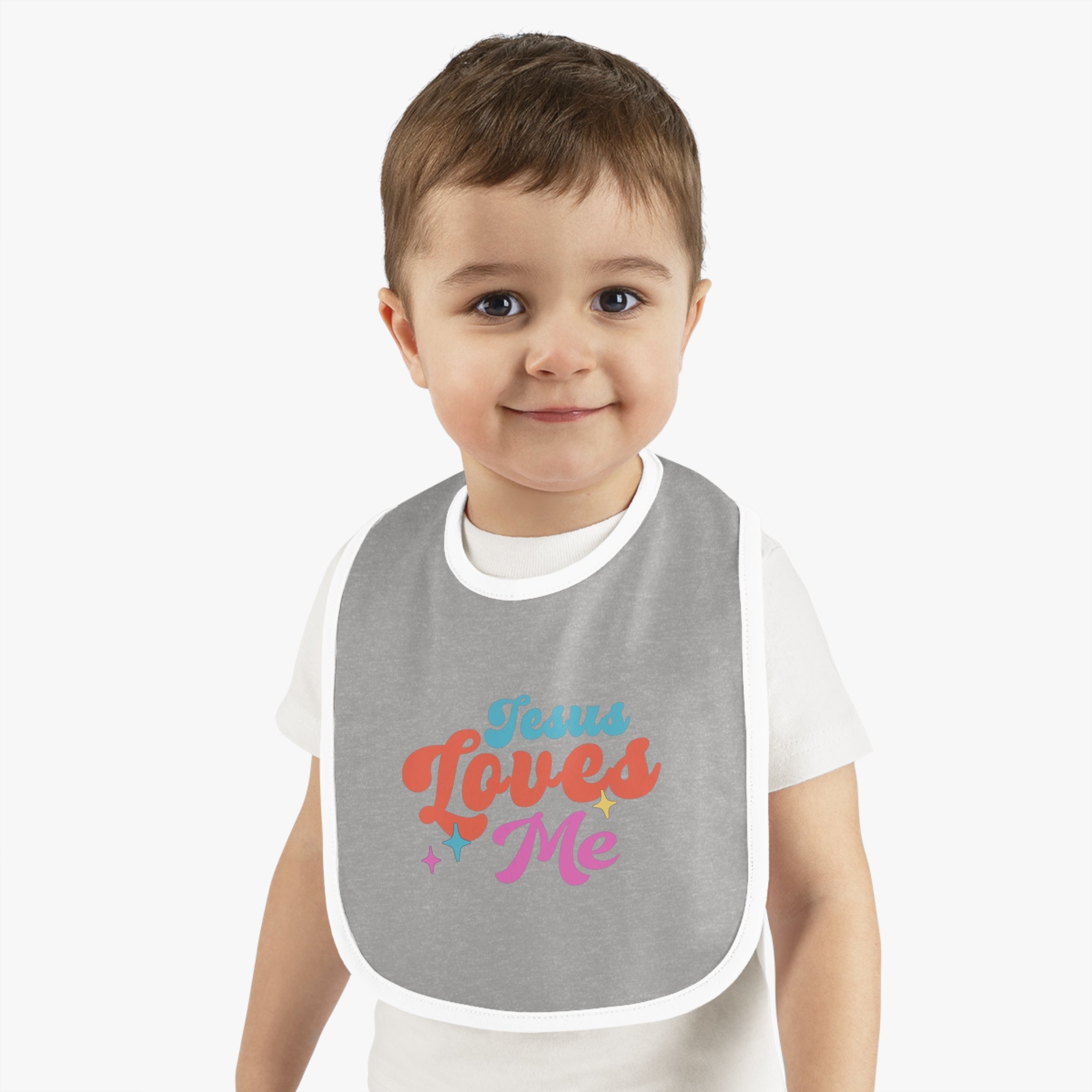 Jesus Loves Me Retro with Stars Baby Jersey Bib - Jesus Passion Apparel