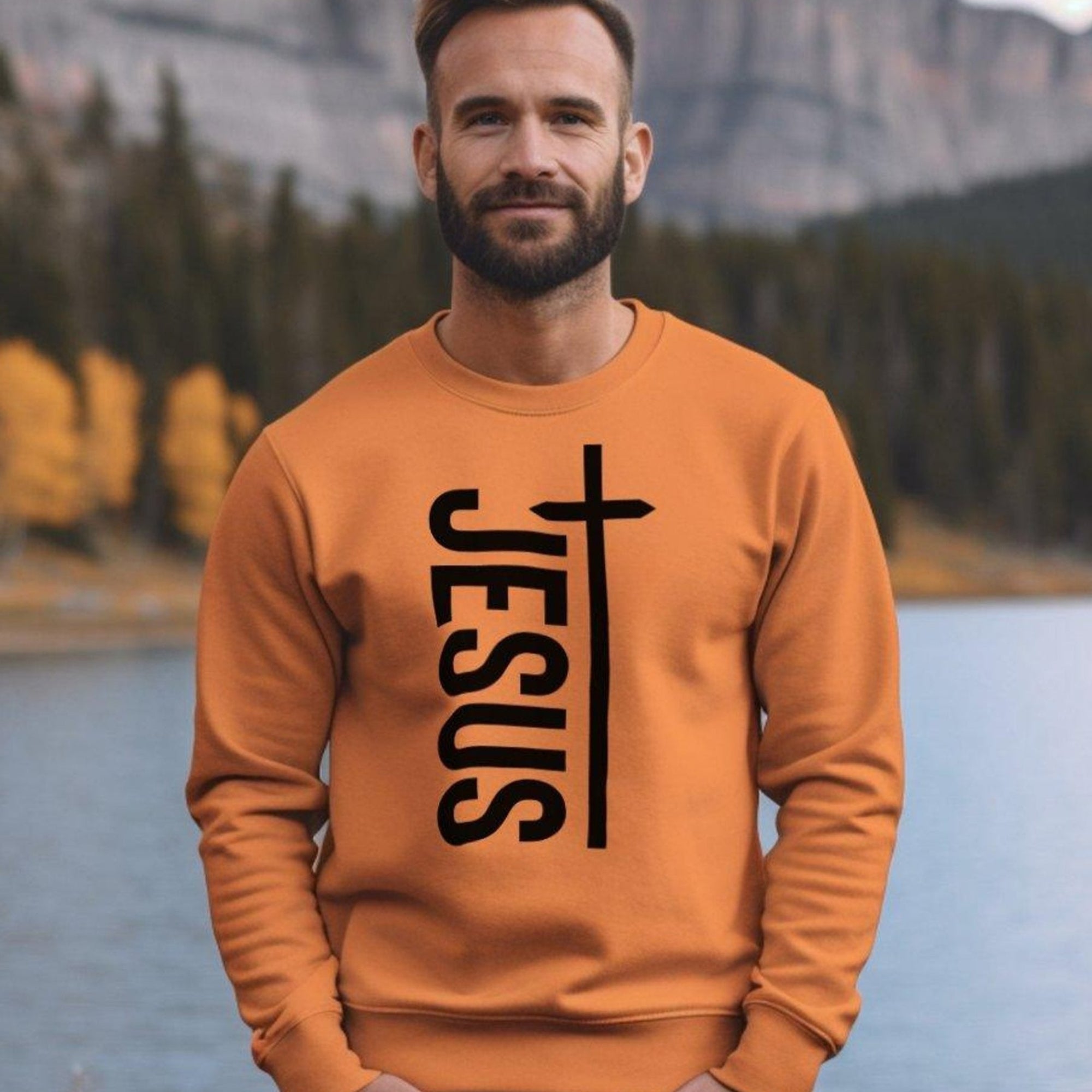 Jesus Vertical Cross Men's Unisex - Fit Fleece Sweatshirt - Orange - Jesus Passion Apparel