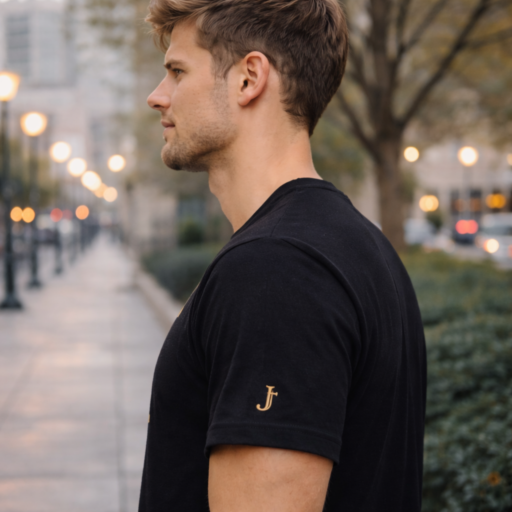 Man wearing a black t-shirt with a gold logo on a city street.