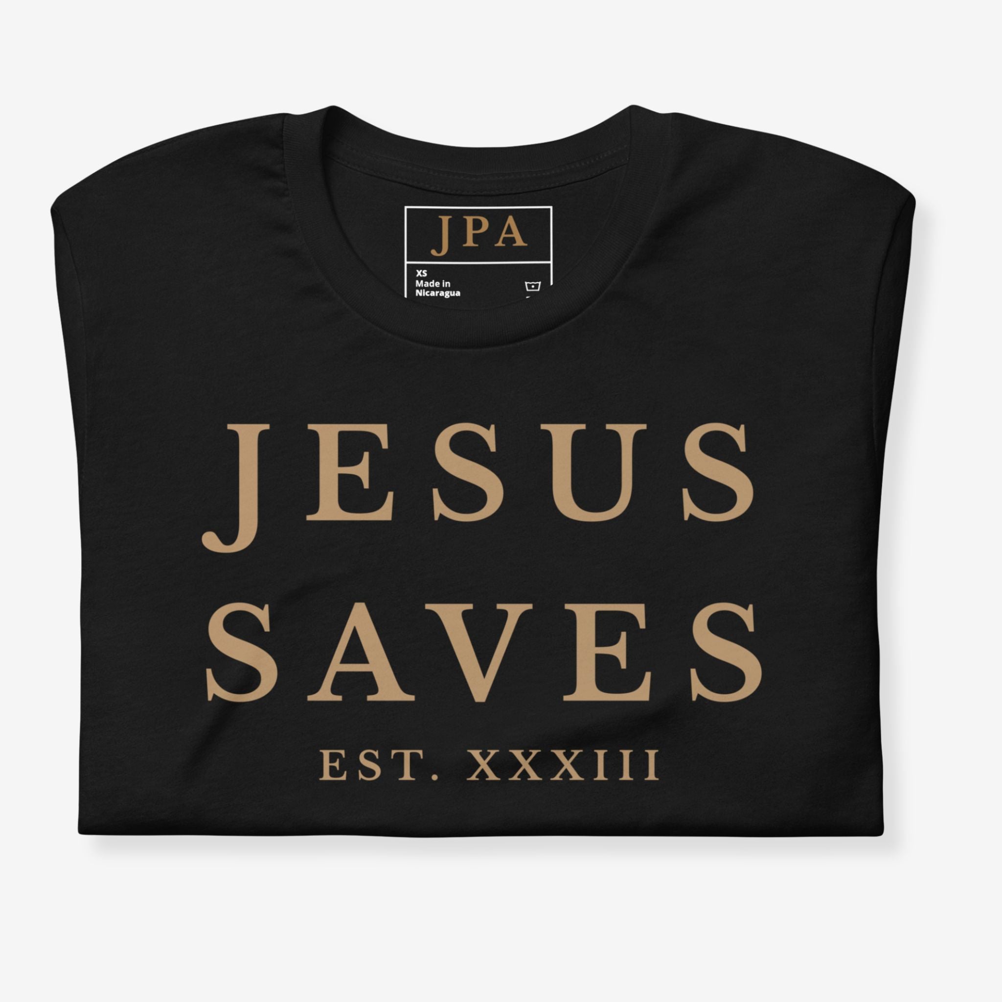 Black t-shirt with 'JESUS SAVES' text on a white background