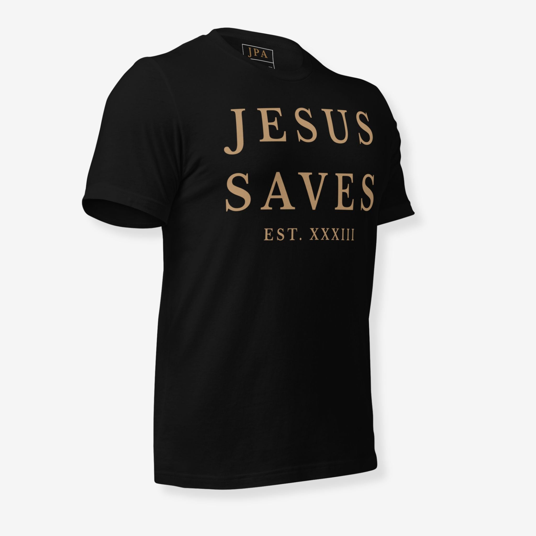 Black t-shirt with 'JESUS SAVES' text in gold on a white background
