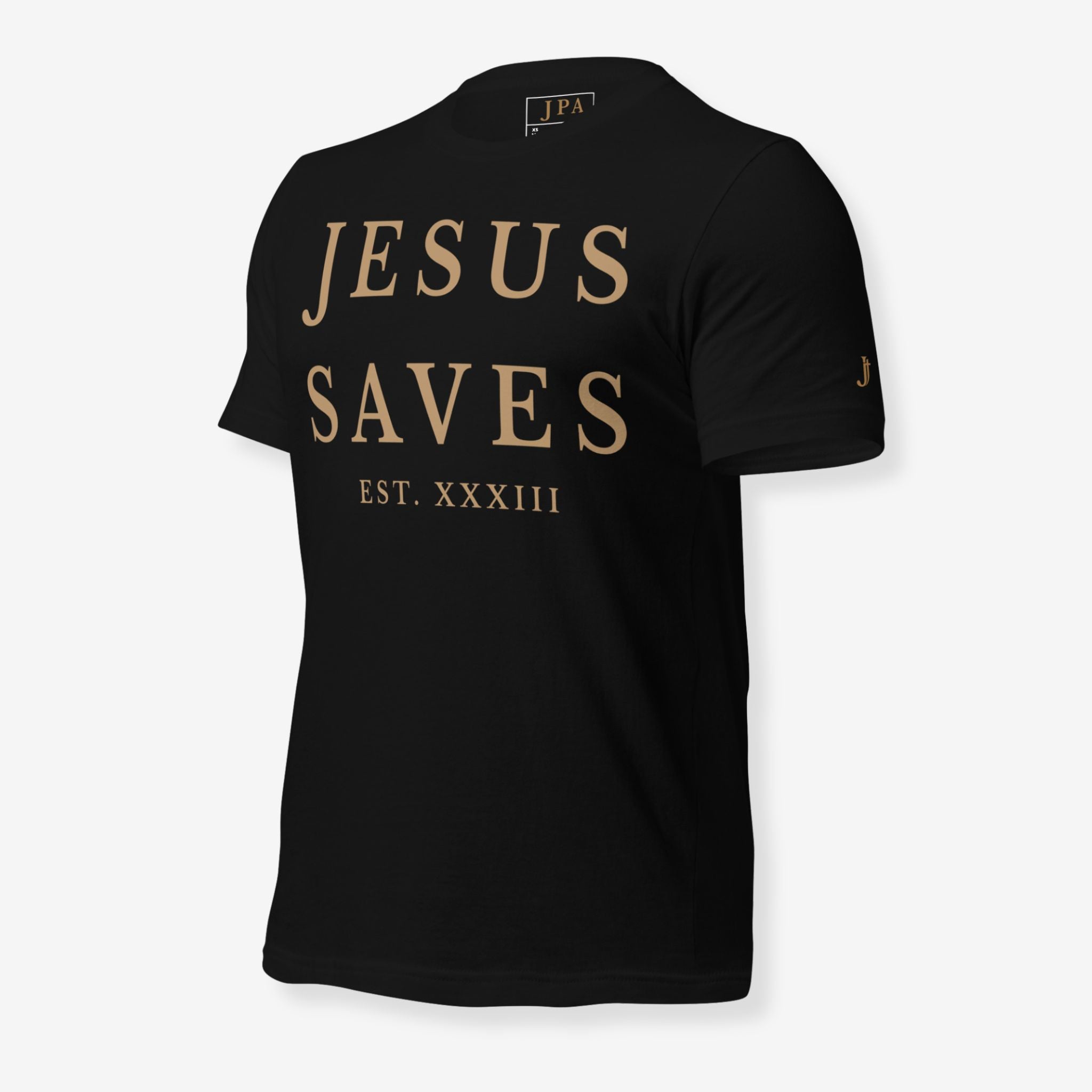 Black t-shirt with 'JESUS SAVES' text on a white background