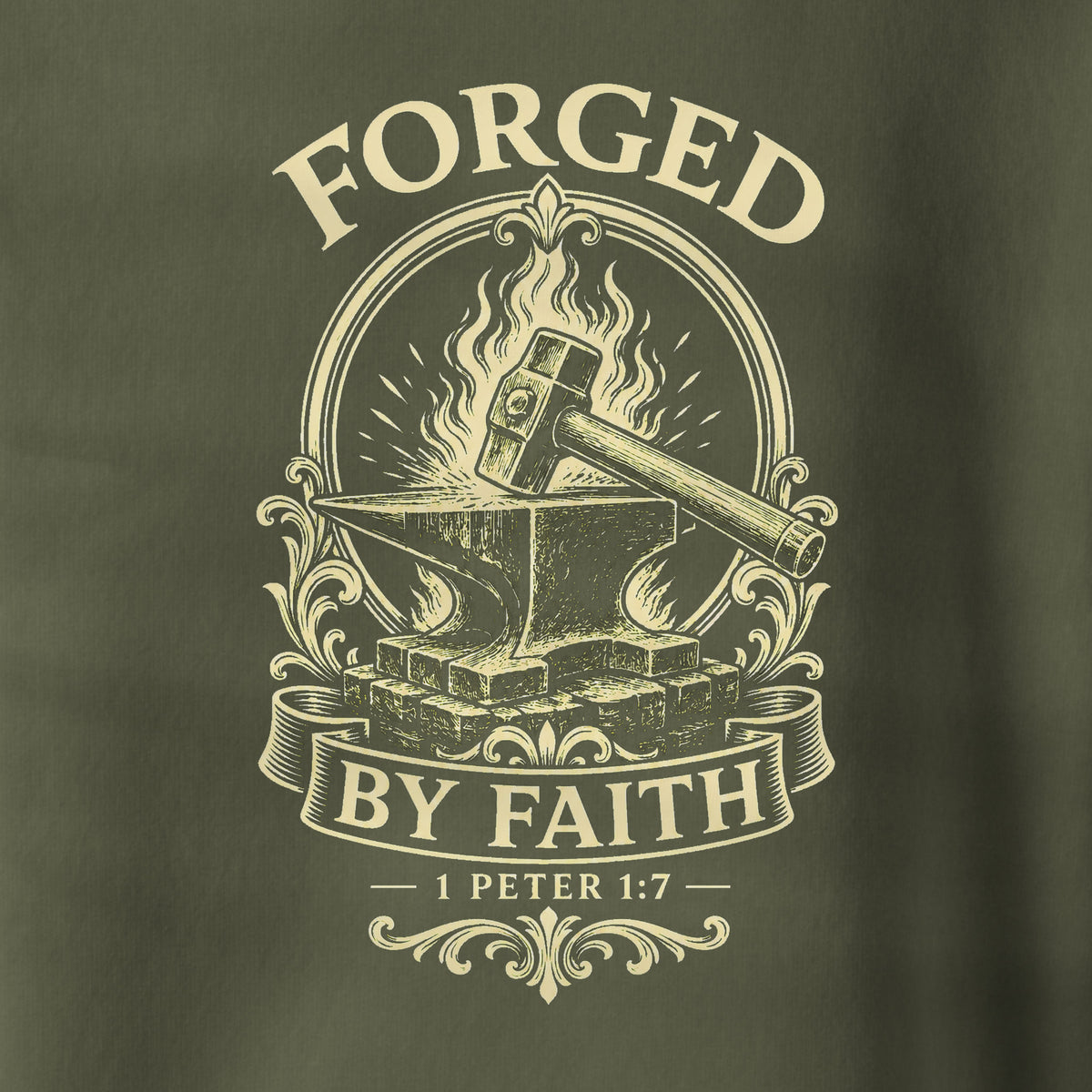 Close-up detail of Forged By Faith Hoodie.