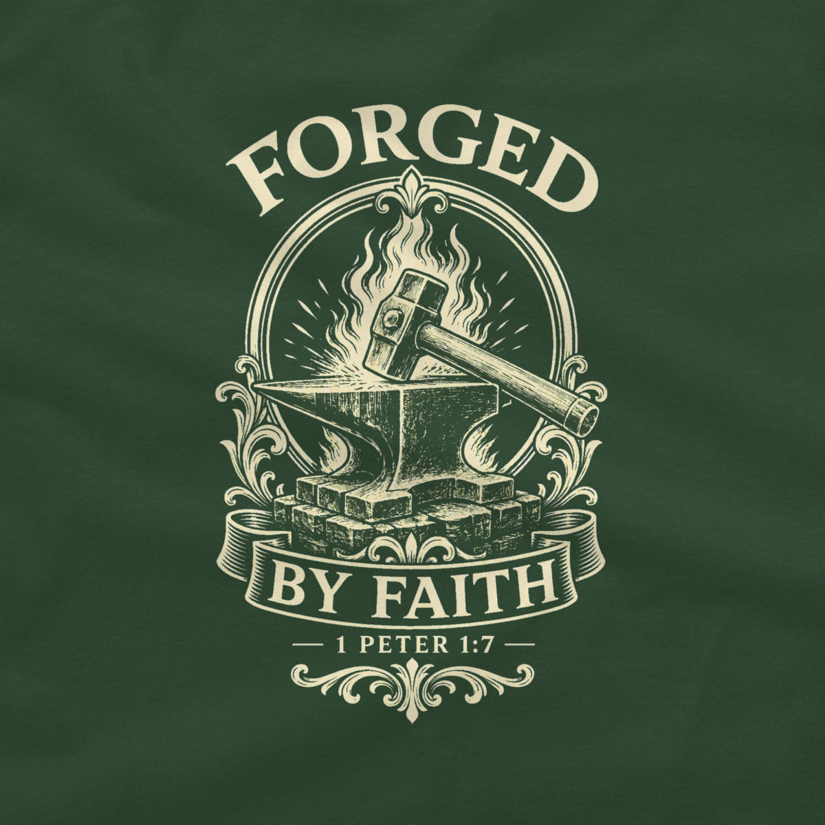 Close-up detail of Forged By Faith Tee.