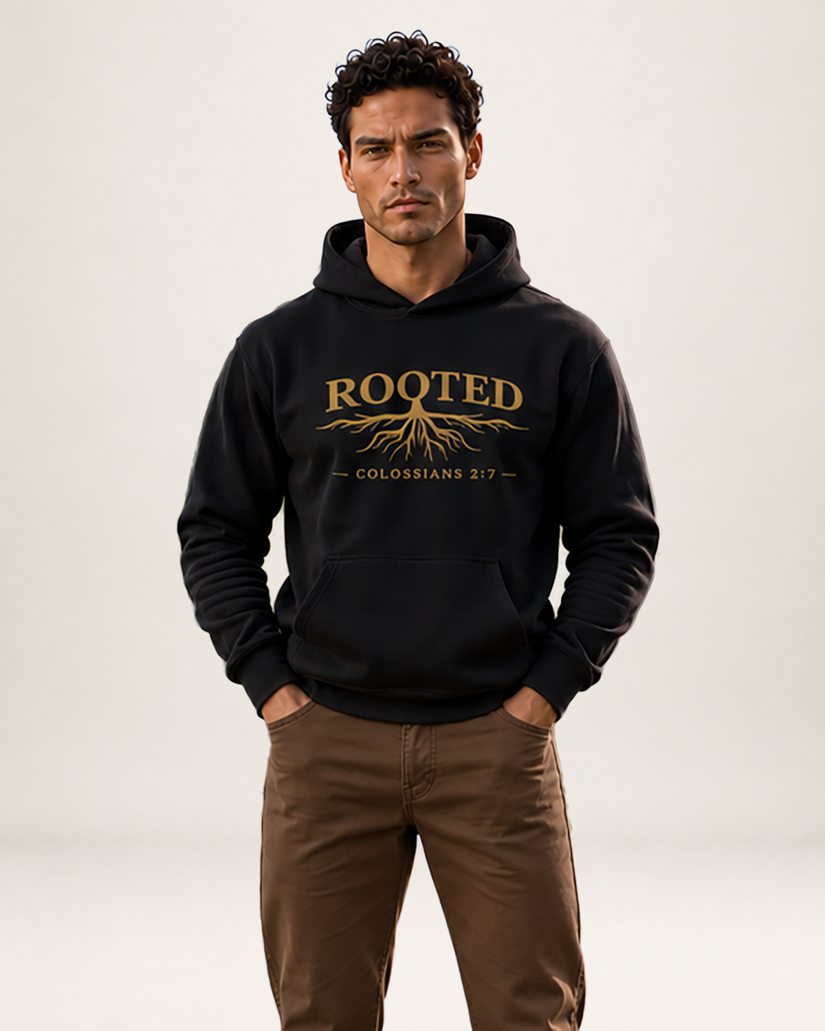 ROOTED Christian hoodie hero photo showing the front design, inspired by Colossians 2:7.
