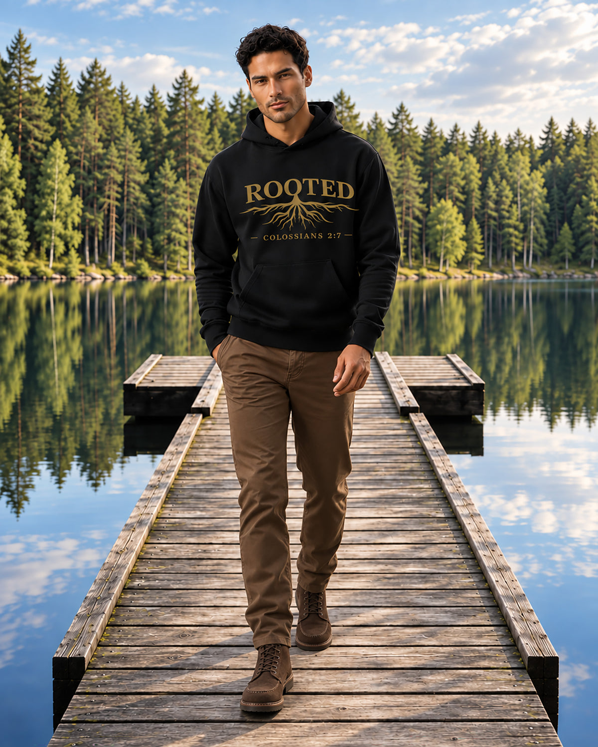Relaxed lifestyle view of the ROOTED Christian hoodie with its front graphic and casual fit.