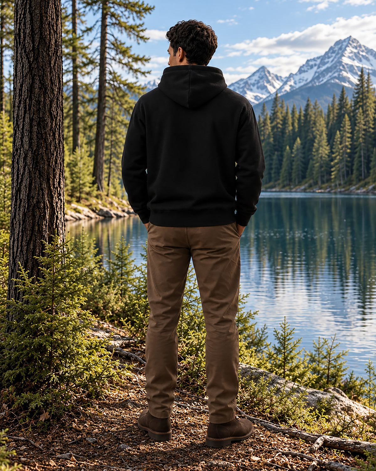 Back view of the ROOTED Christian hoodie, showing its rear fit and design.
