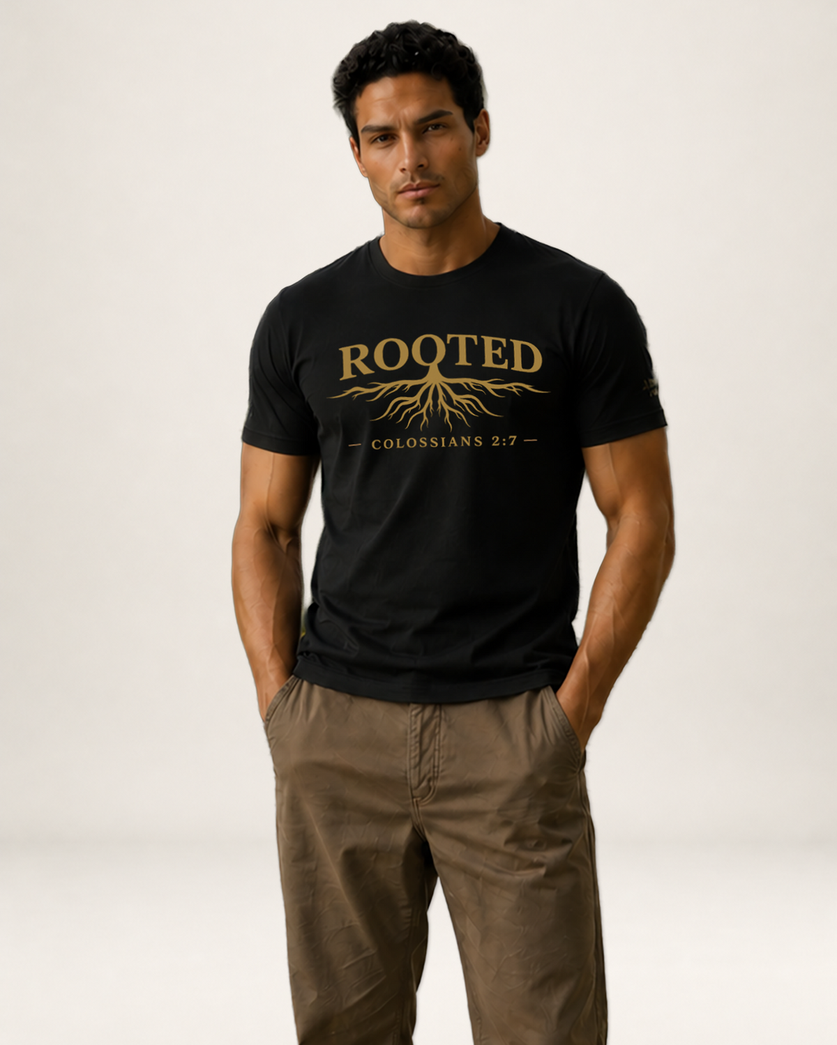 ROOTED Christian T-shirt hero photo with bold ROOTED lettering and root illustration inspired by Colossians 2:7.