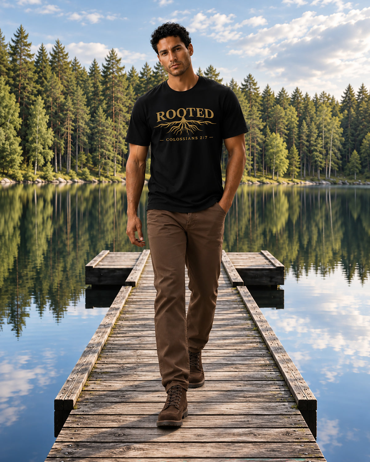 Cropped hero view of the black ROOTED Christian tee showing its faith-inspired front design.