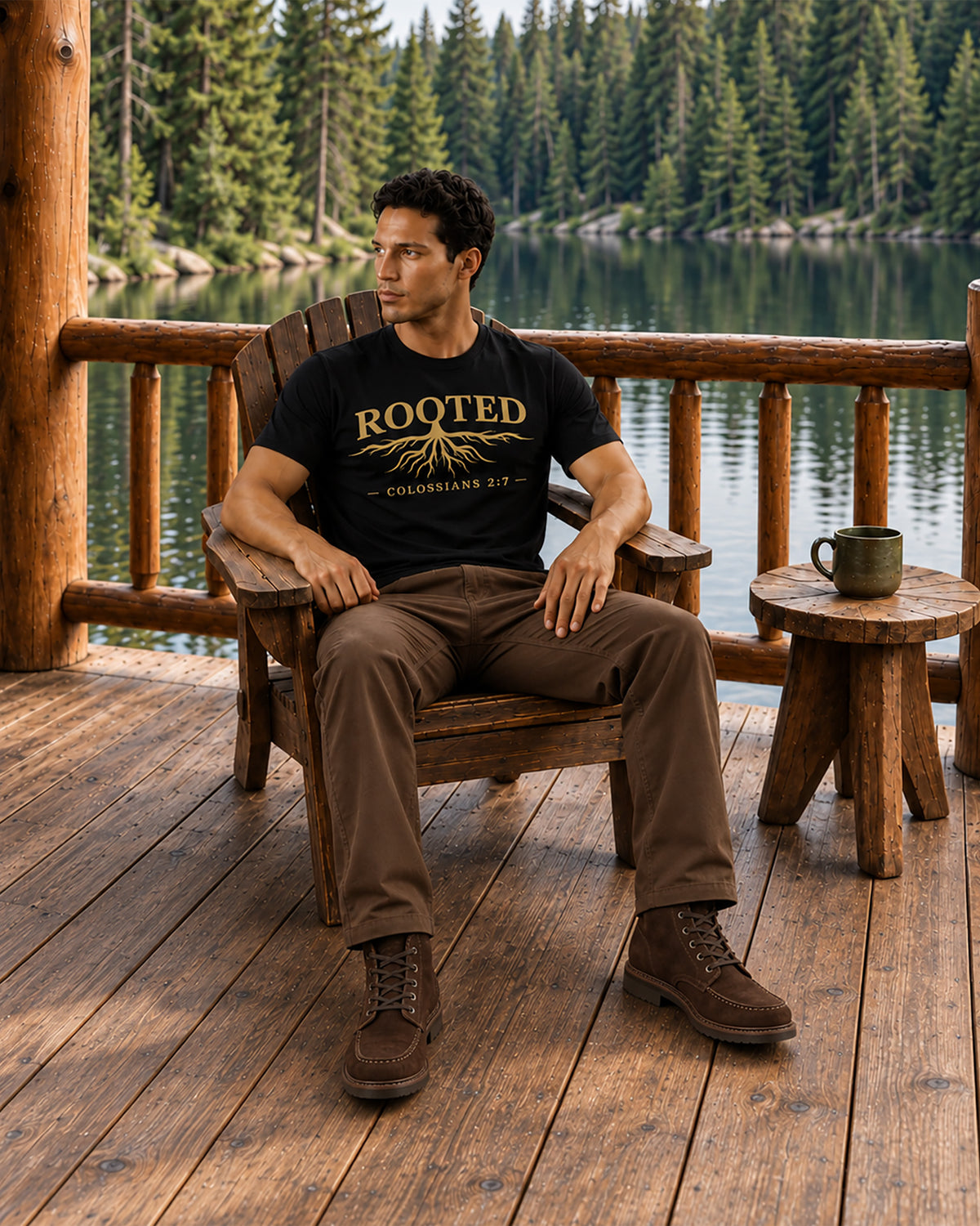 Lifestyle photo of the ROOTED Christian T-shirt, highlighting its everyday fit and front graphic.