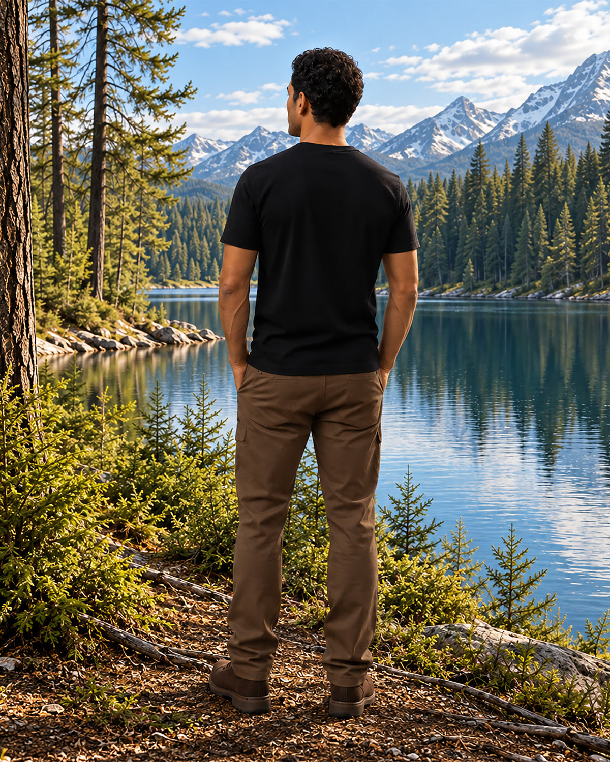 Back view of the black ROOTED T-shirt, showing its fit and rear appearance.