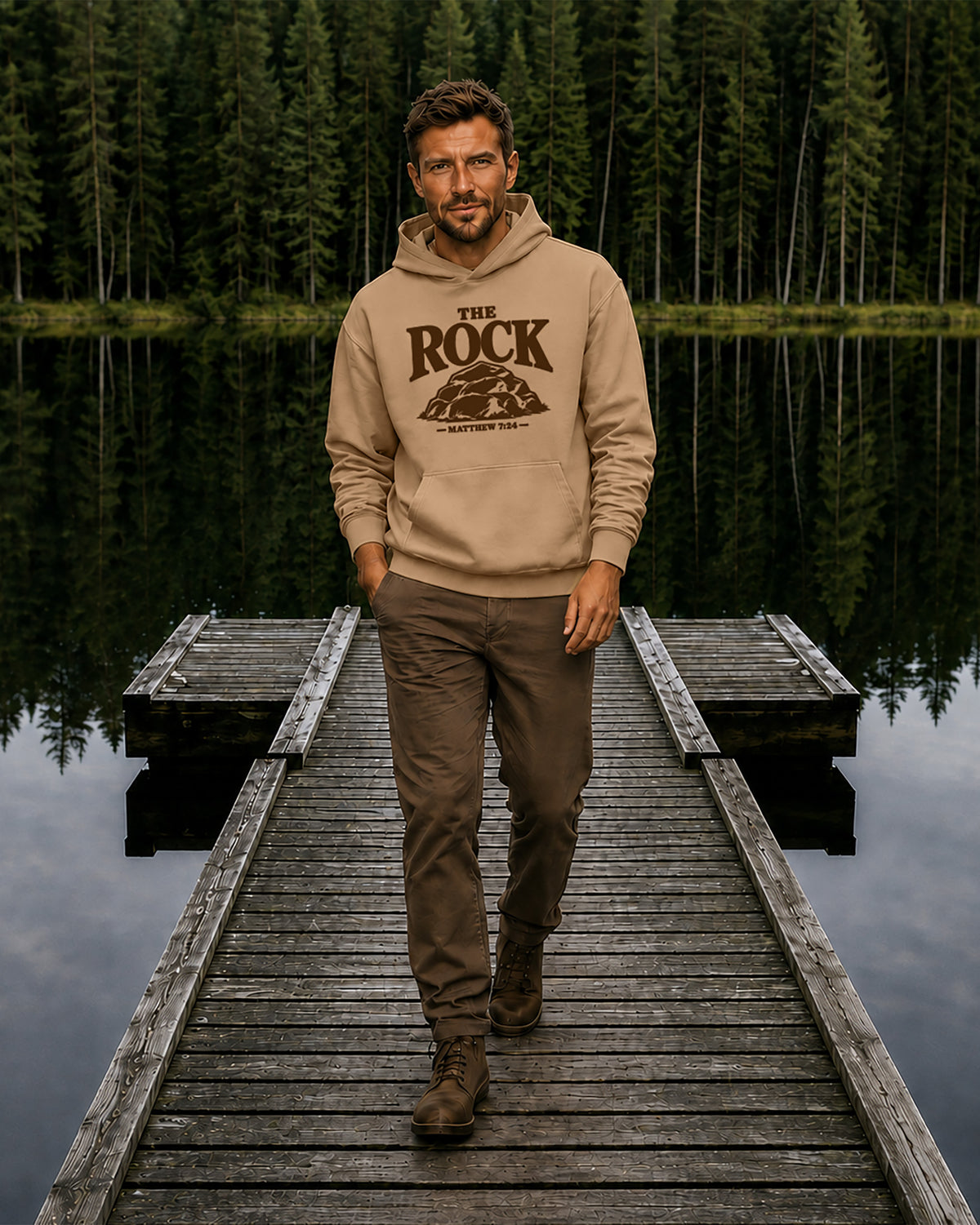 Male model wearing The Rock Hoodie.