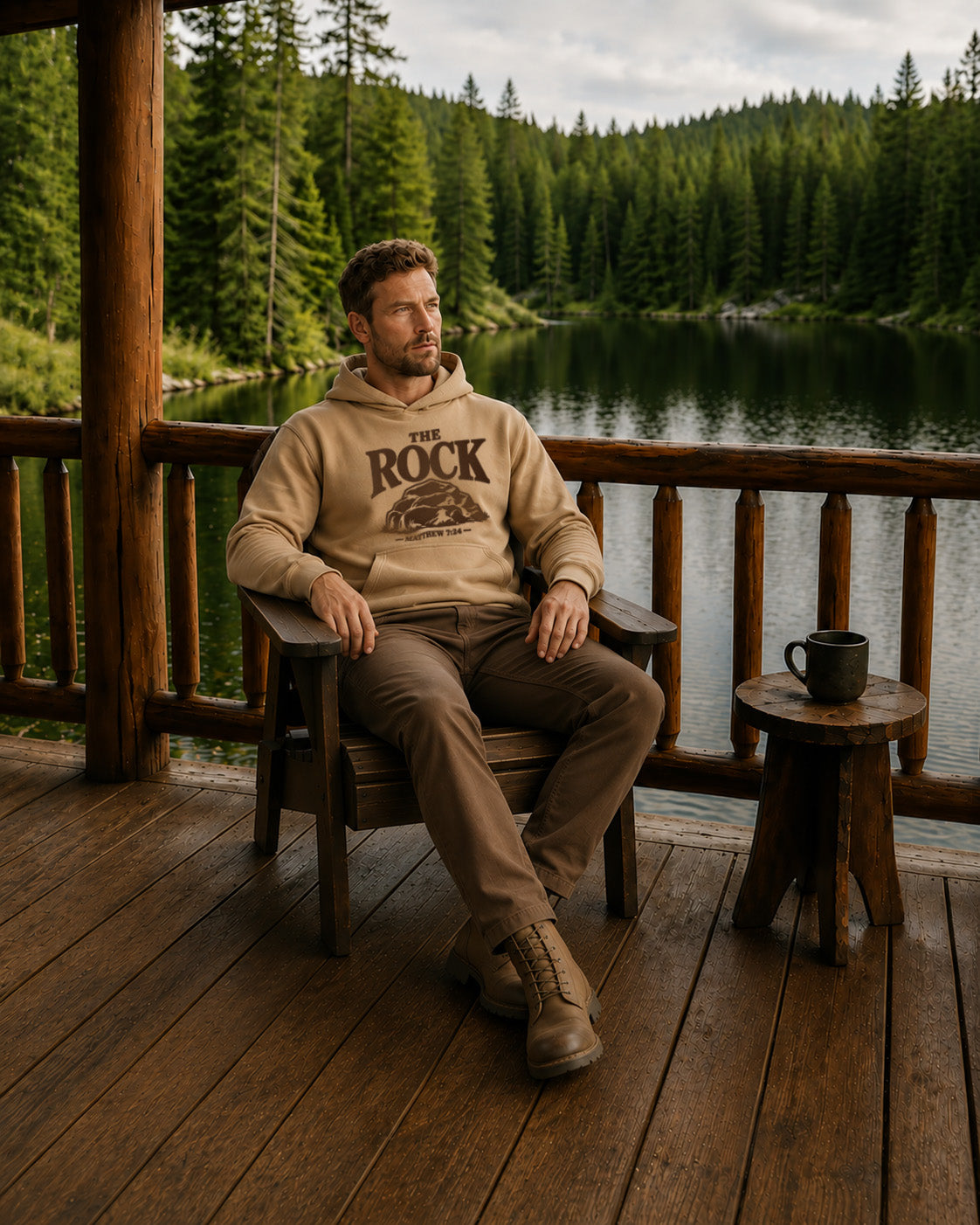 Male model wearing The Rock Hoodie.