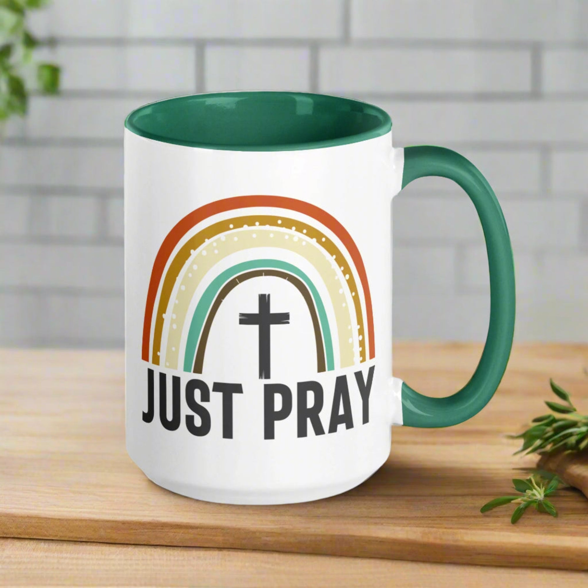 Just Pray Rainbow 15 oz Mug with Color Inside - Black, Red, or Green - Jesus Passion Apparel