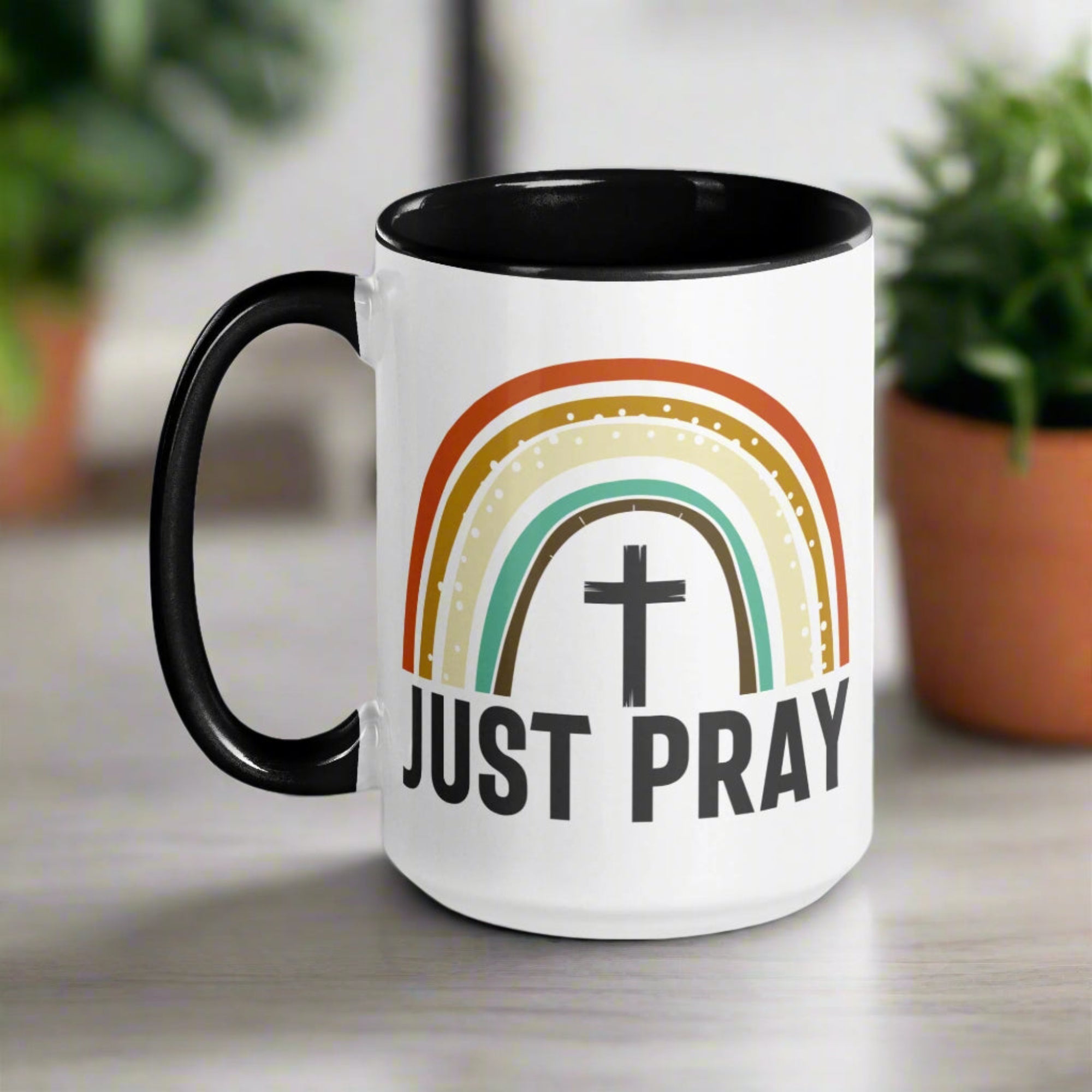 Just Pray Rainbow 15 oz Mug with Color Inside - Black, Red, or Green - Jesus Passion Apparel