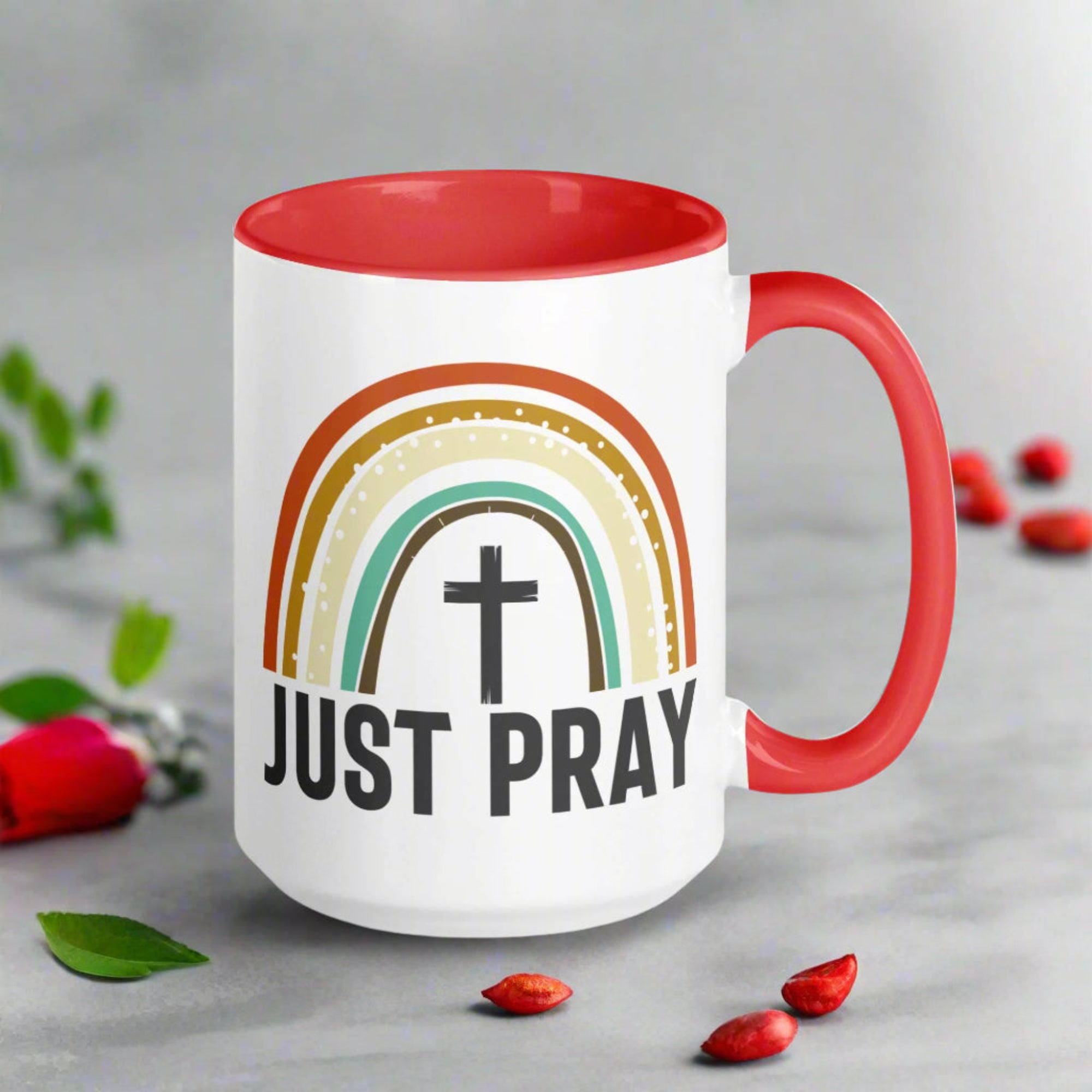 Just Pray Rainbow 15 oz Mug with Color Inside - Black, Red, or Green - Jesus Passion Apparel