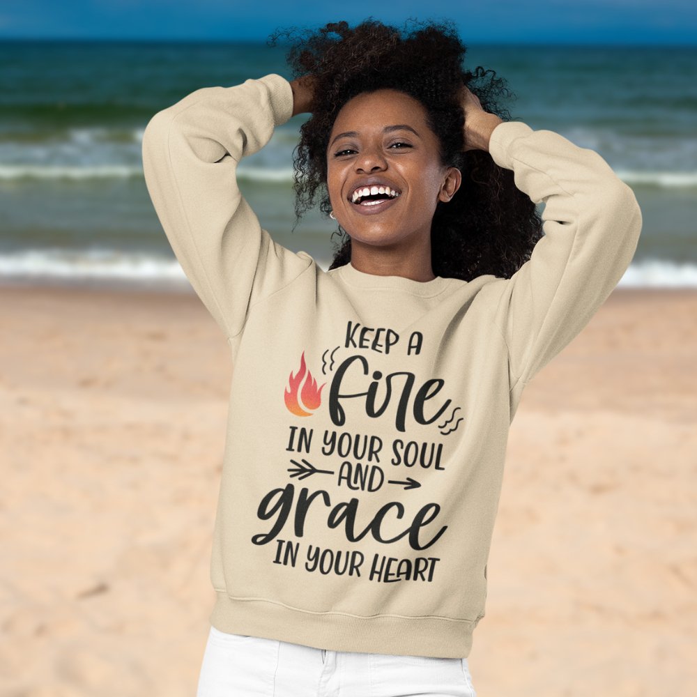 Keep a Fire and Grace Women's Fleece Unisex - Fit Sweatshirt Sand / White - Jesus Passion Apparel