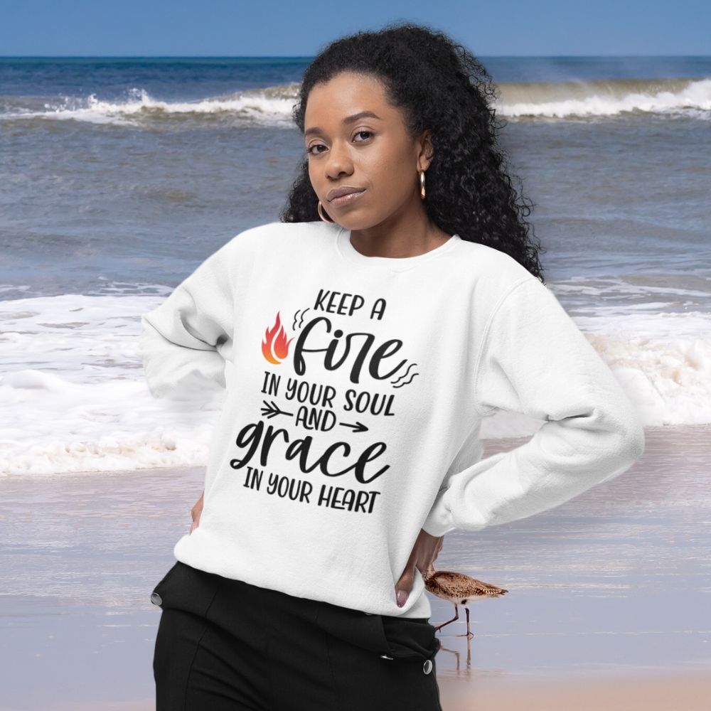Keep a Fire and Grace Women's Fleece Unisex - Fit Sweatshirt Sand / White - Jesus Passion Apparel