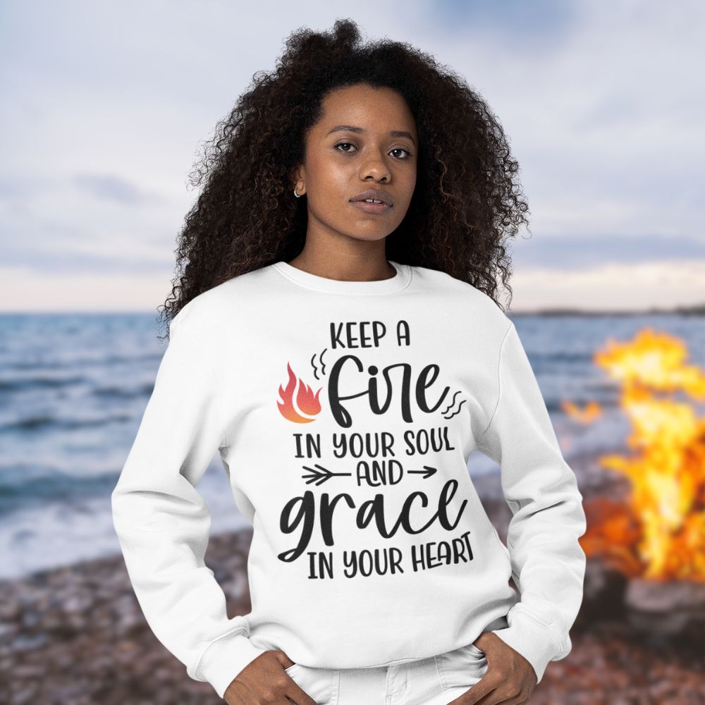 Keep a Fire and Grace Women's Fleece Unisex - Fit Sweatshirt Sand / White - Jesus Passion Apparel