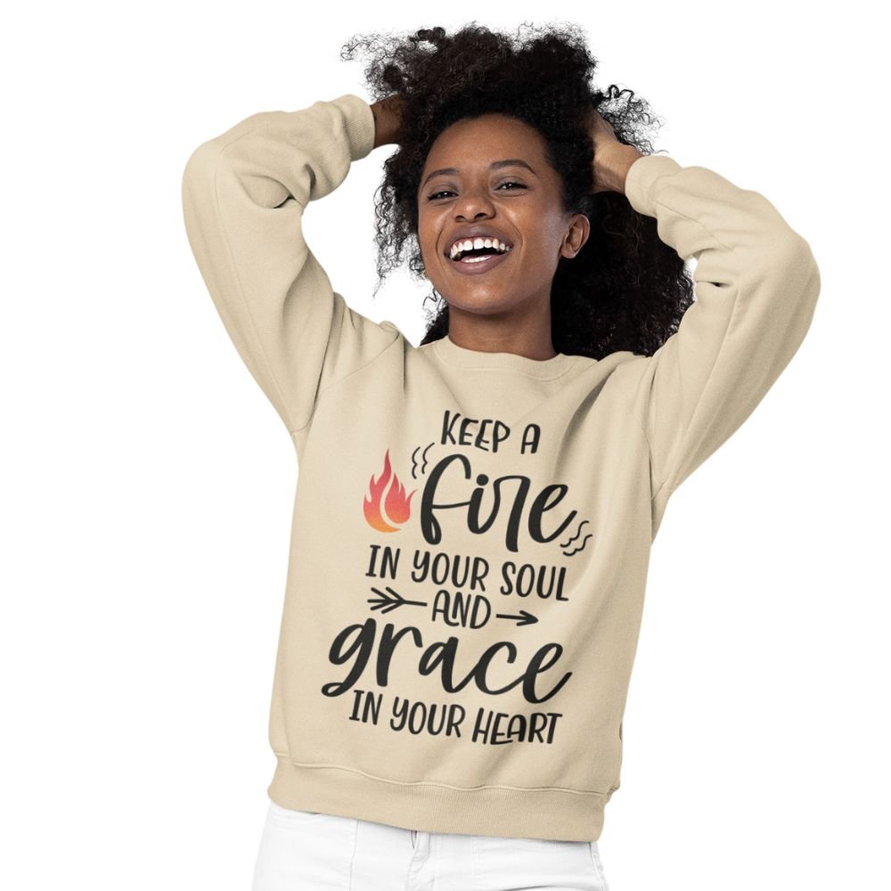 Keep a Fire and Grace Women's Fleece Unisex - Fit Sweatshirt Sand / White - Jesus Passion Apparel