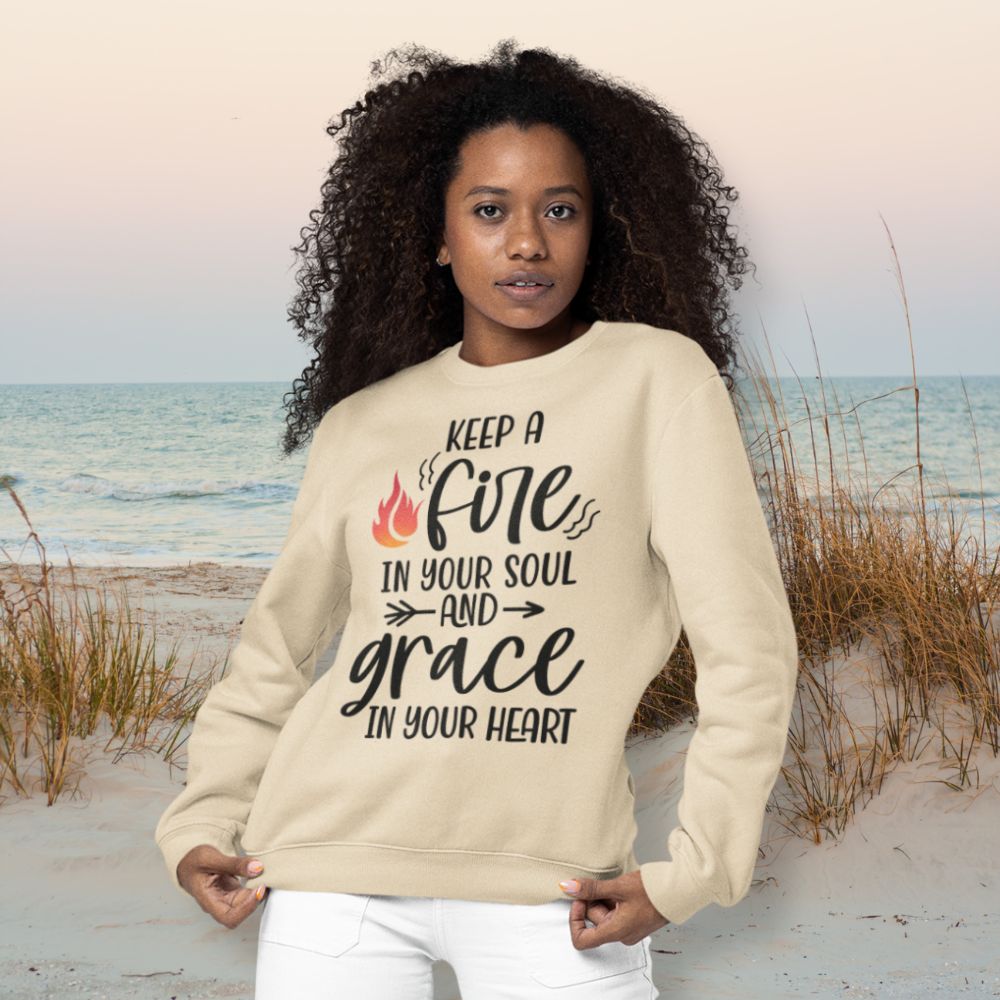 Keep a Fire and Grace Women's Fleece Unisex - Fit Sweatshirt Sand / White - Jesus Passion Apparel