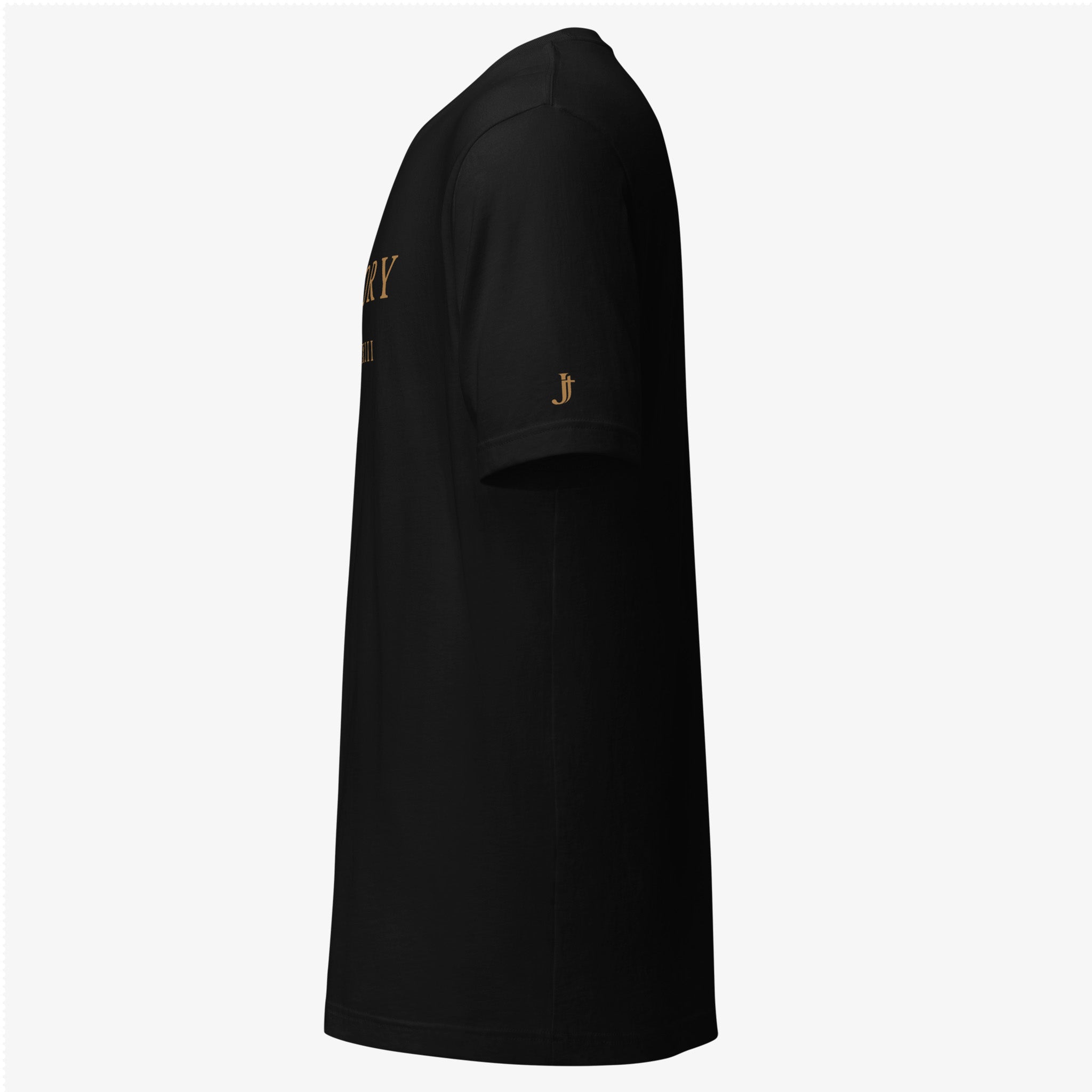 Black t-shirt with gold text and logo on a white background