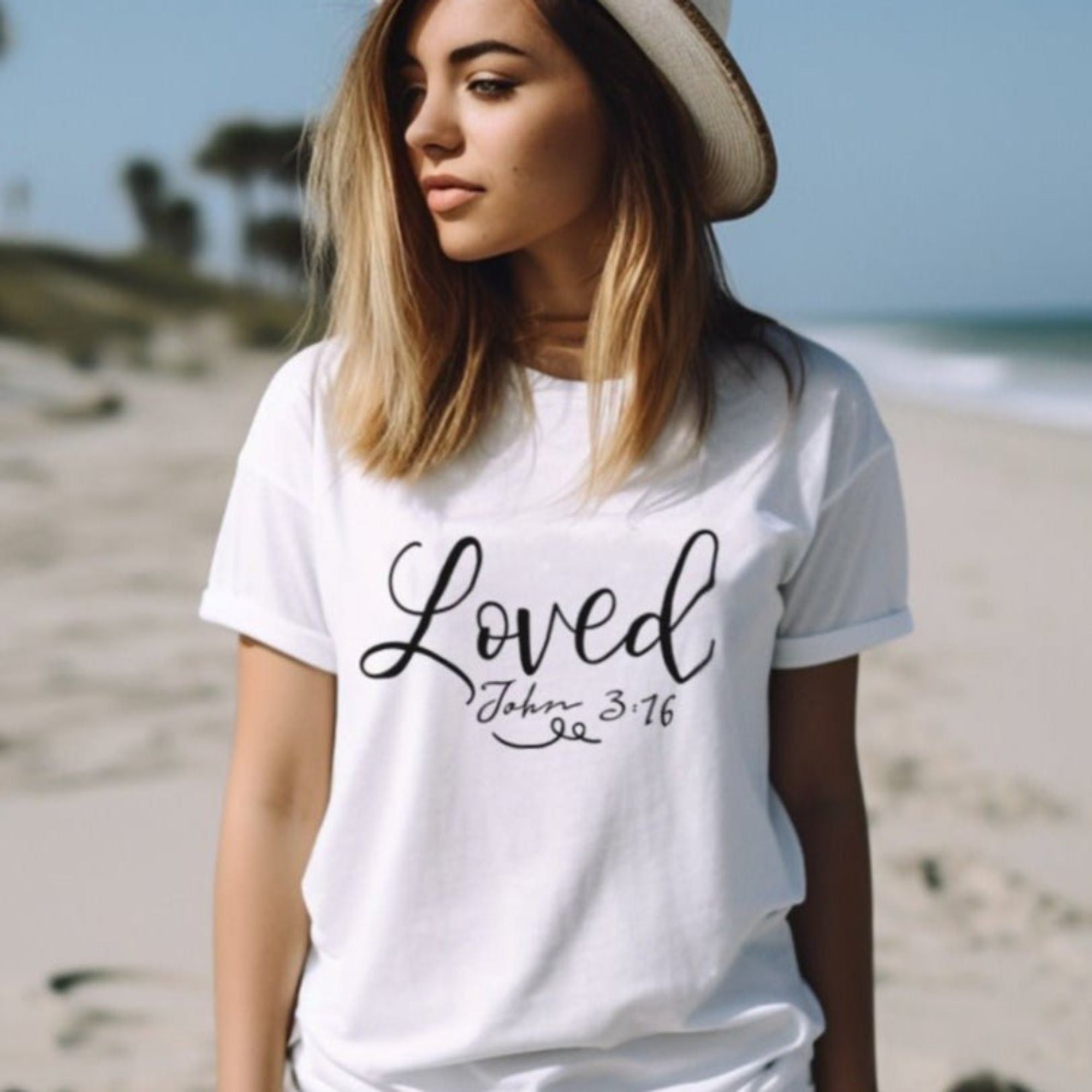 Loved Women's Jersey Short Sleeve Tee - Black / White - Jesus Passion Apparel